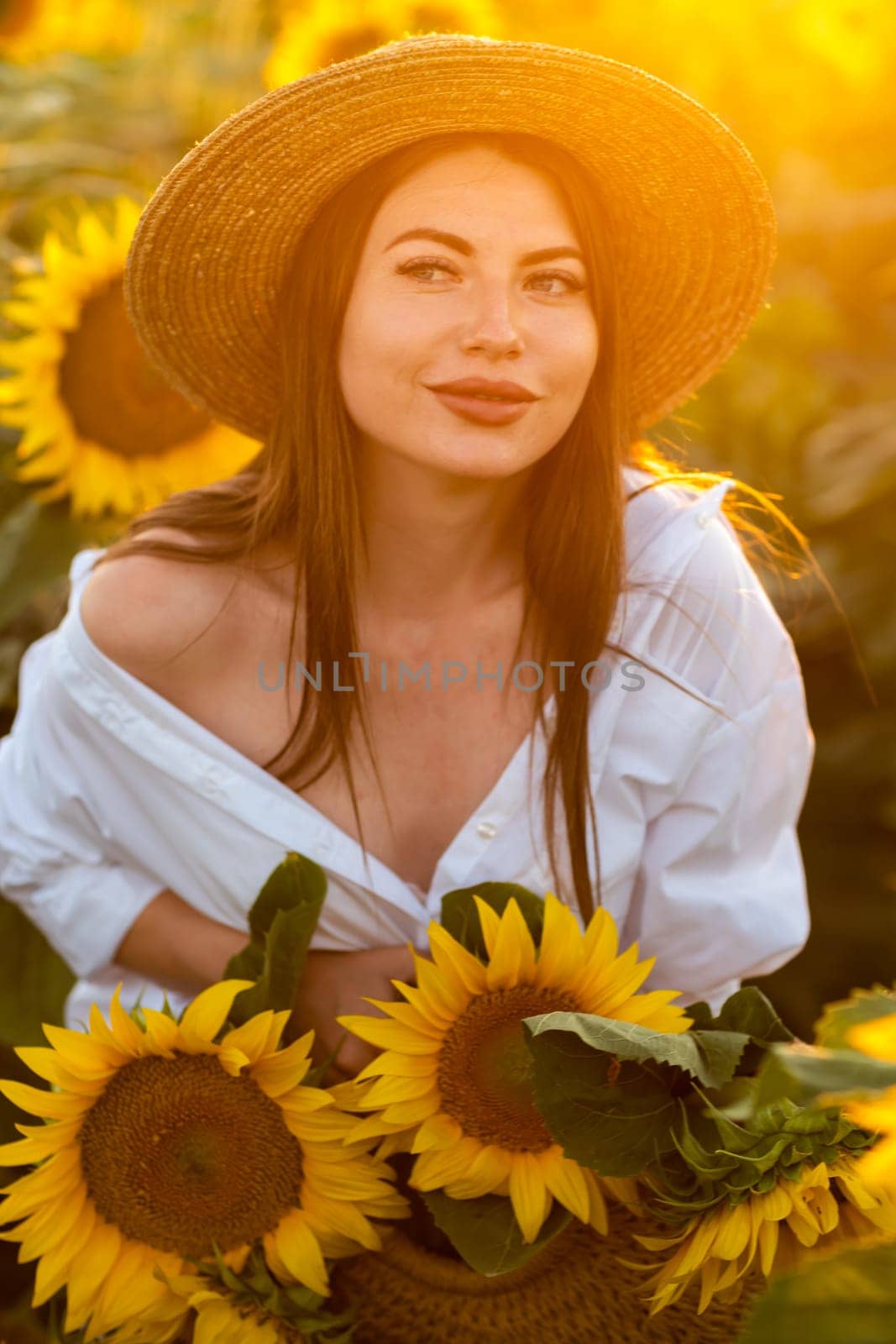 A girl in a hat on a beautiful field of sunflowers against the sky in the evening light of a summer sunset. Sunbeams through the flower field. Natural background