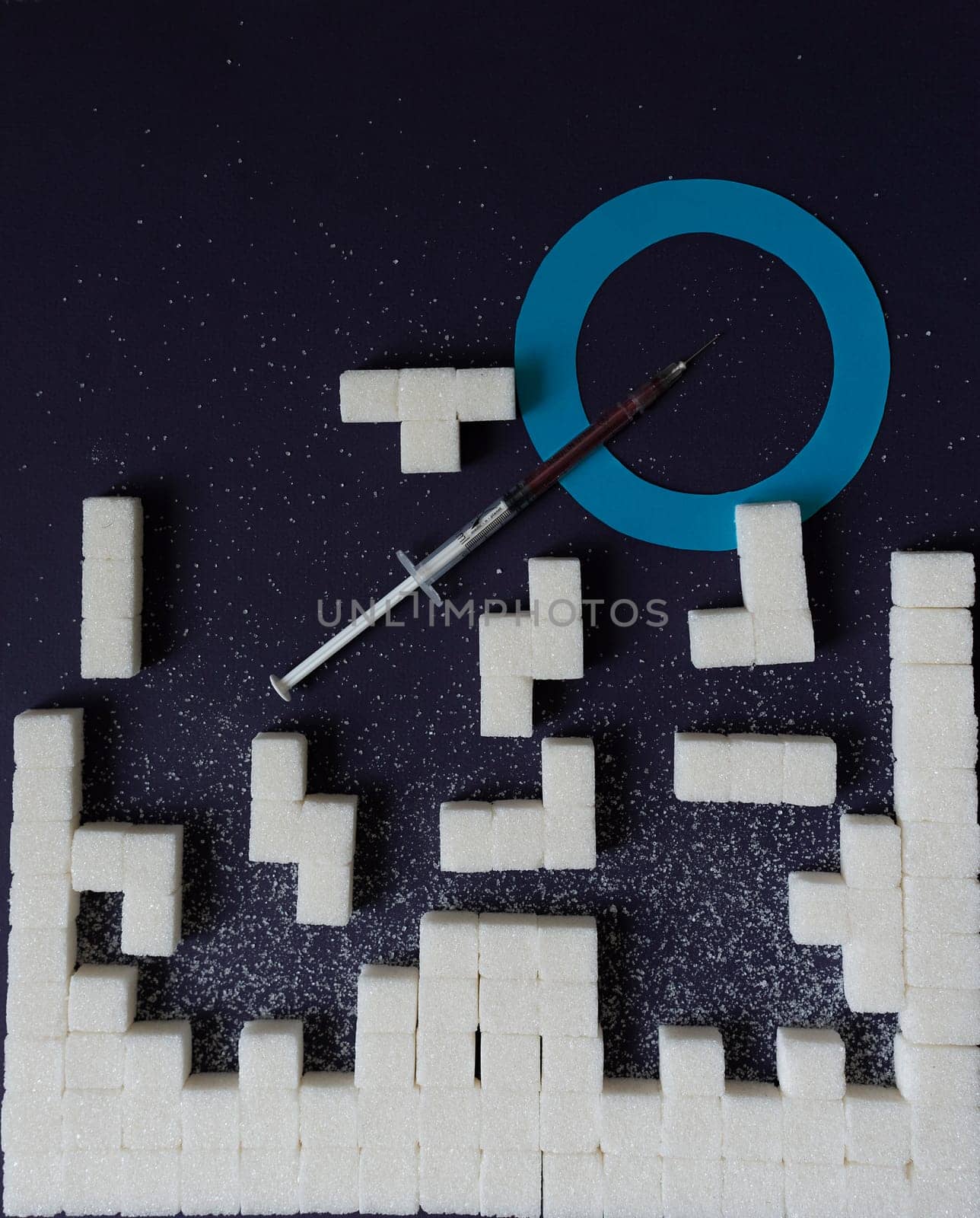 Diabetes sign on the background of the sugar tower. World Diabetes Day icon, logo. by Matiunina