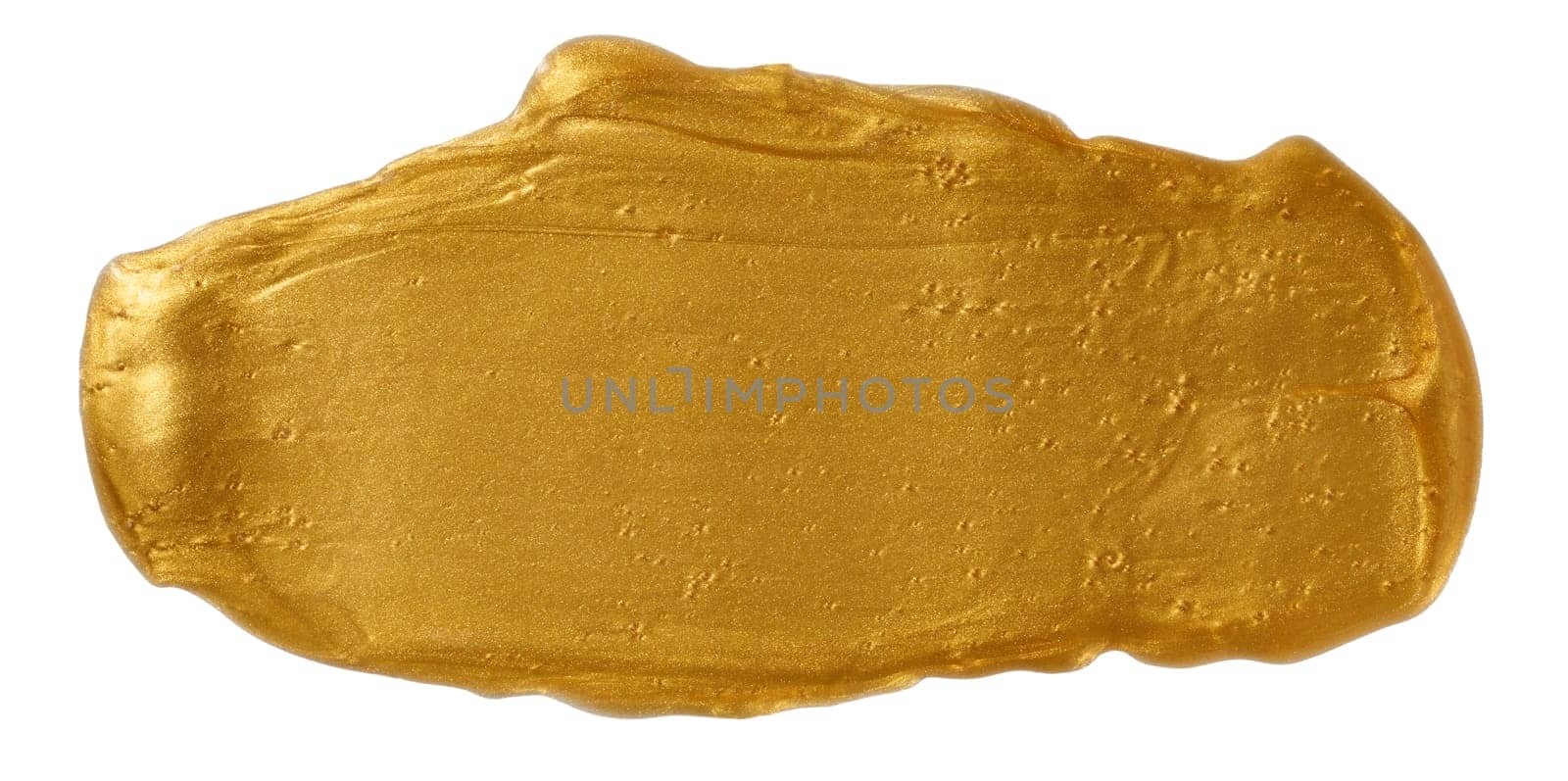 Sample of gold glitter gel with small particles isolated on white background, texture of cosmetic products like highlighter, lipstick, and blush
