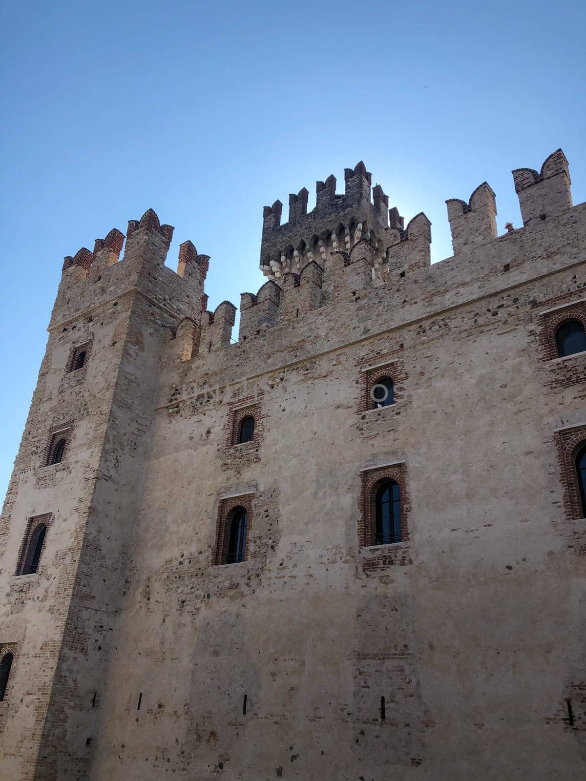 Scallgero Castle Aerial shots Sirmione Lake Garda Italy. High quality photo