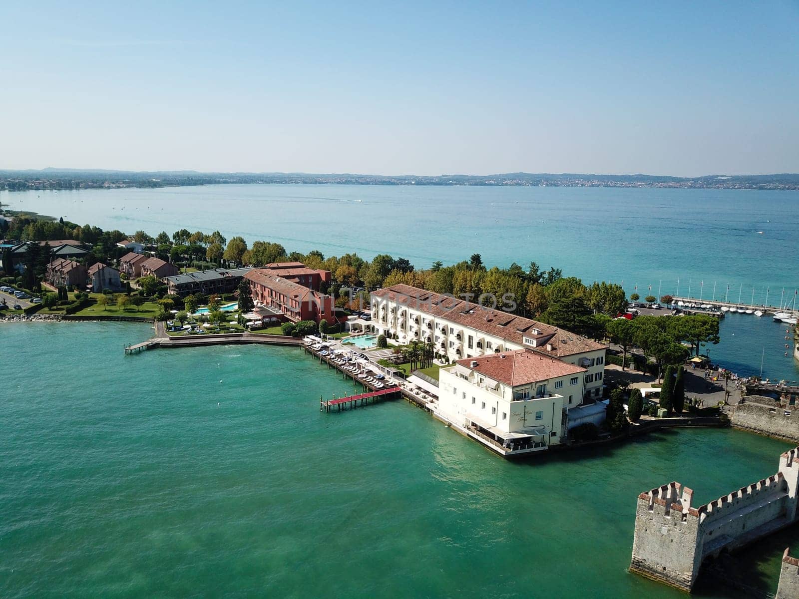 Scallgero Castle Aerial shots Sirmione Lake Garda Italy. High quality photo