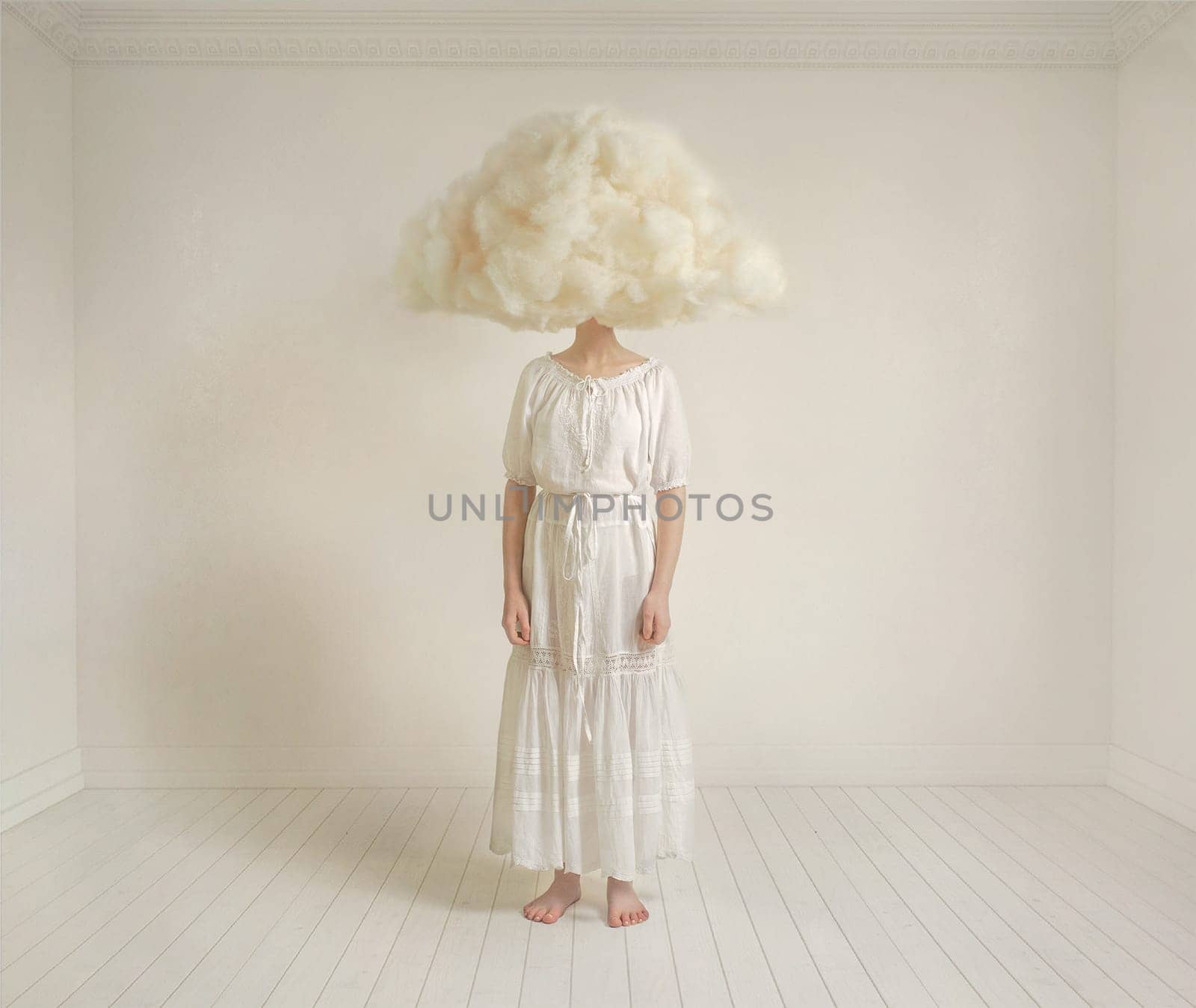 girl in a white dress had white clouds on her head, little girl in a white dress and in a white clouds hat by Costin