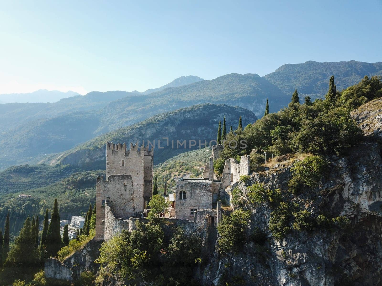 Aerial views over the city forts of Arco in Garda Lake Italy. High quality photo