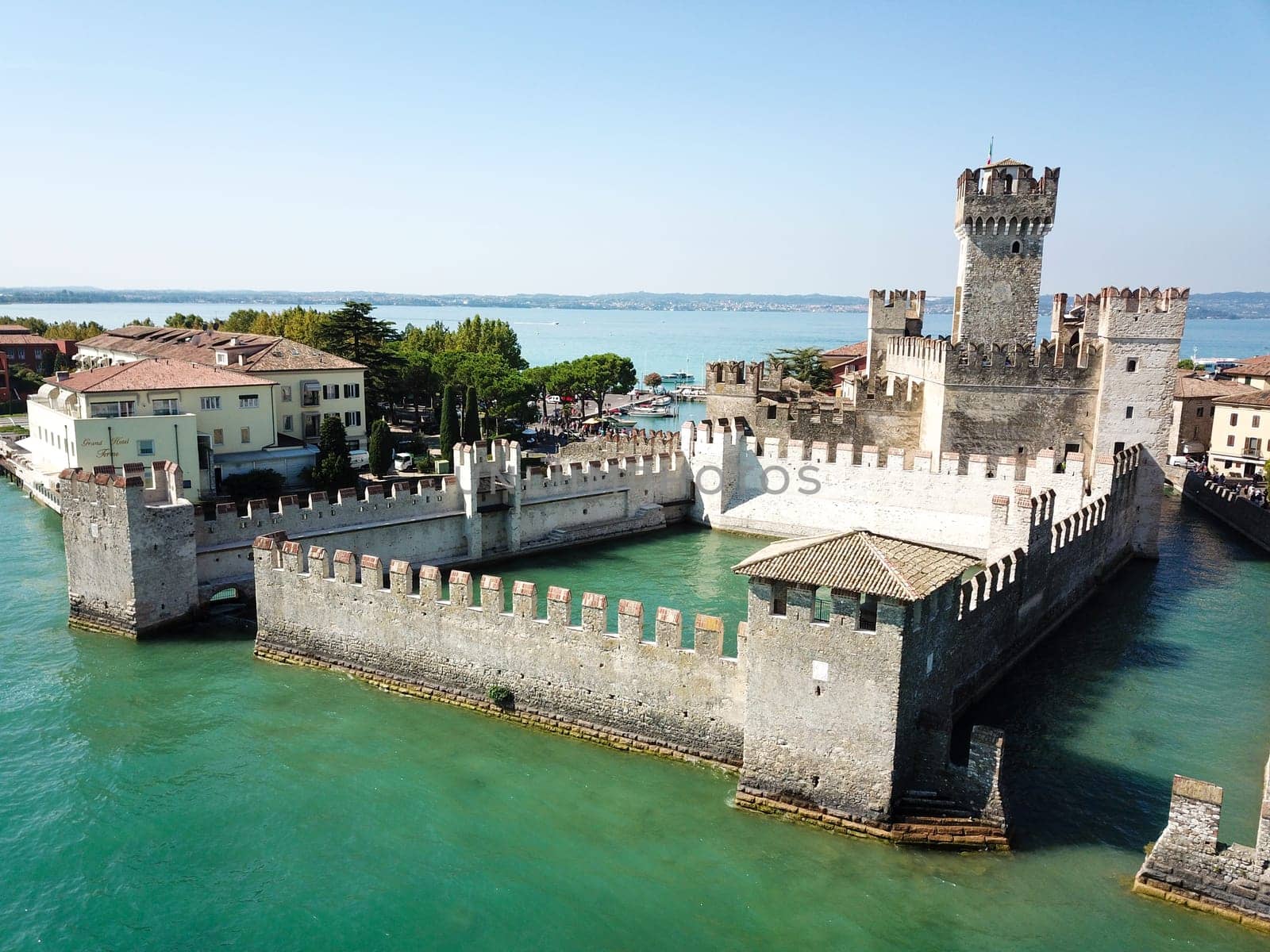 Scallgero Castle Aerial shots Sirmione Lake Garda Italy. High quality photo