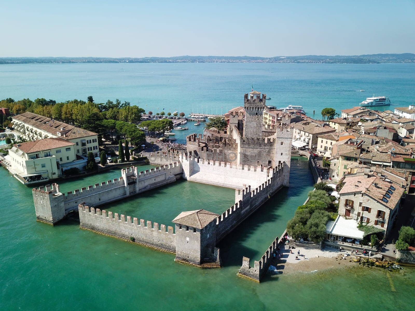 Scallgero Castle Aerial shots Sirmione Lake Garda Italy. High quality photo