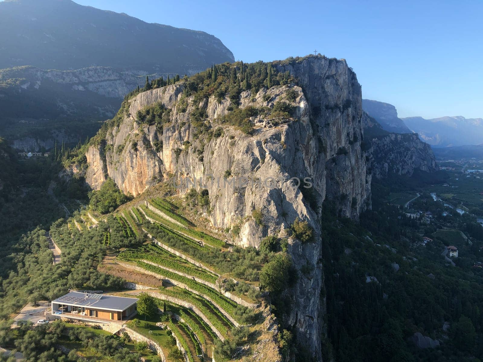 Aerial views over the city forts of Arco in Garda Lake Italy. High quality photo