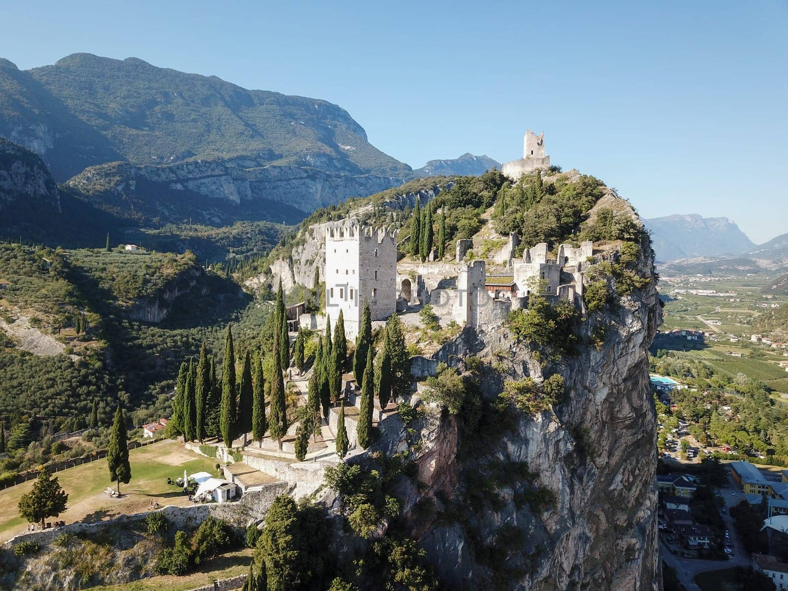 Aerial views over the city forts of Arco in Garda Lake Italy. High quality photo