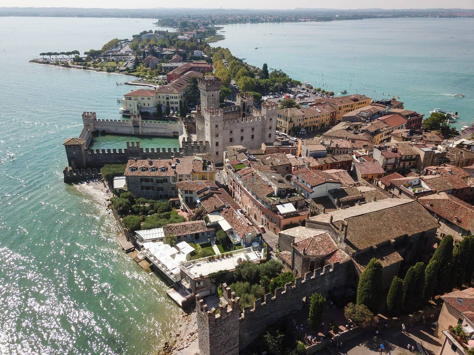 Scallgero Castle Aerial shots Sirmione Lake Garda Italy. High quality photo