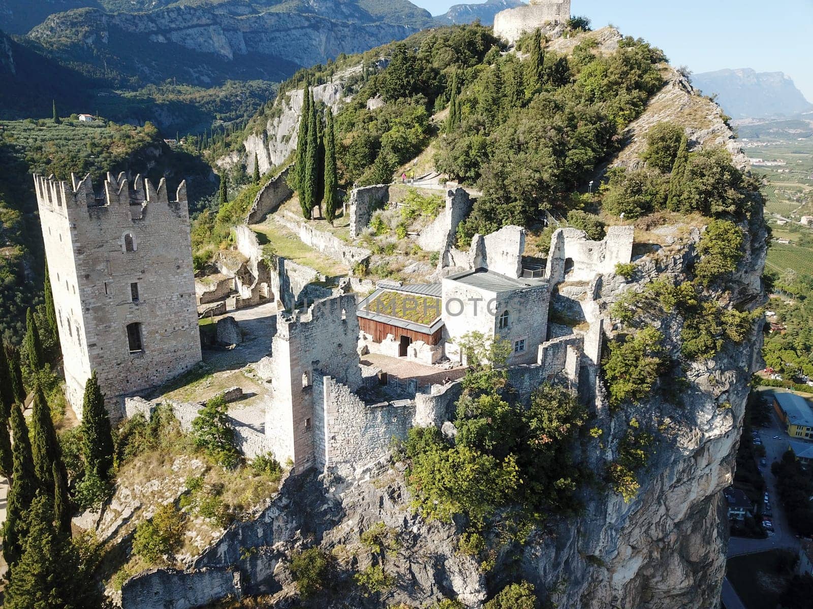 Aerial views over the city forts of Arco in Garda Lake Italy. High quality photo