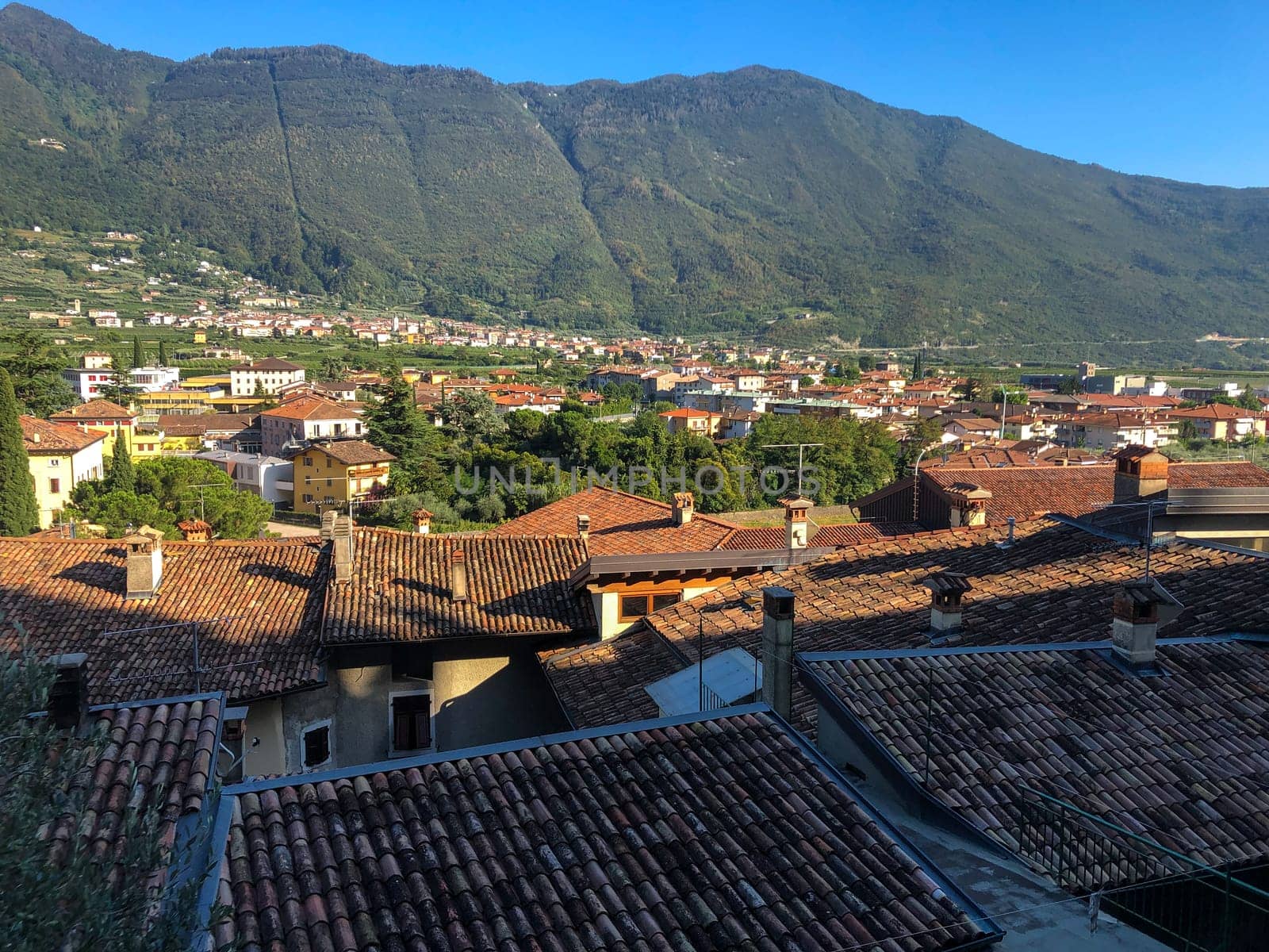 Aerial views over the city forts of Arco in Garda Lake Italy. High quality photo