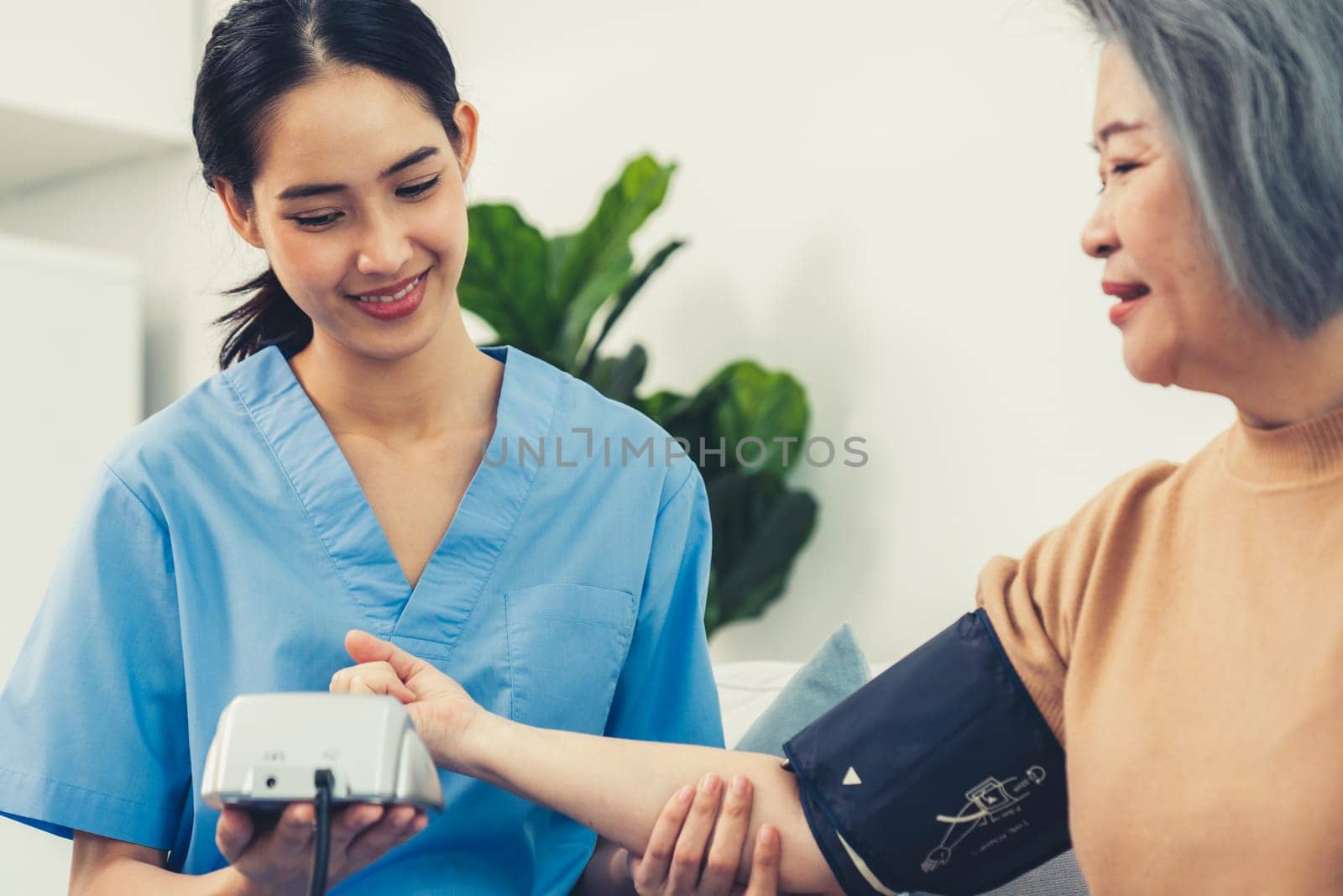 An elderly woman with a contented life having a blood pressure check by her caregiver at home with a smiley face.