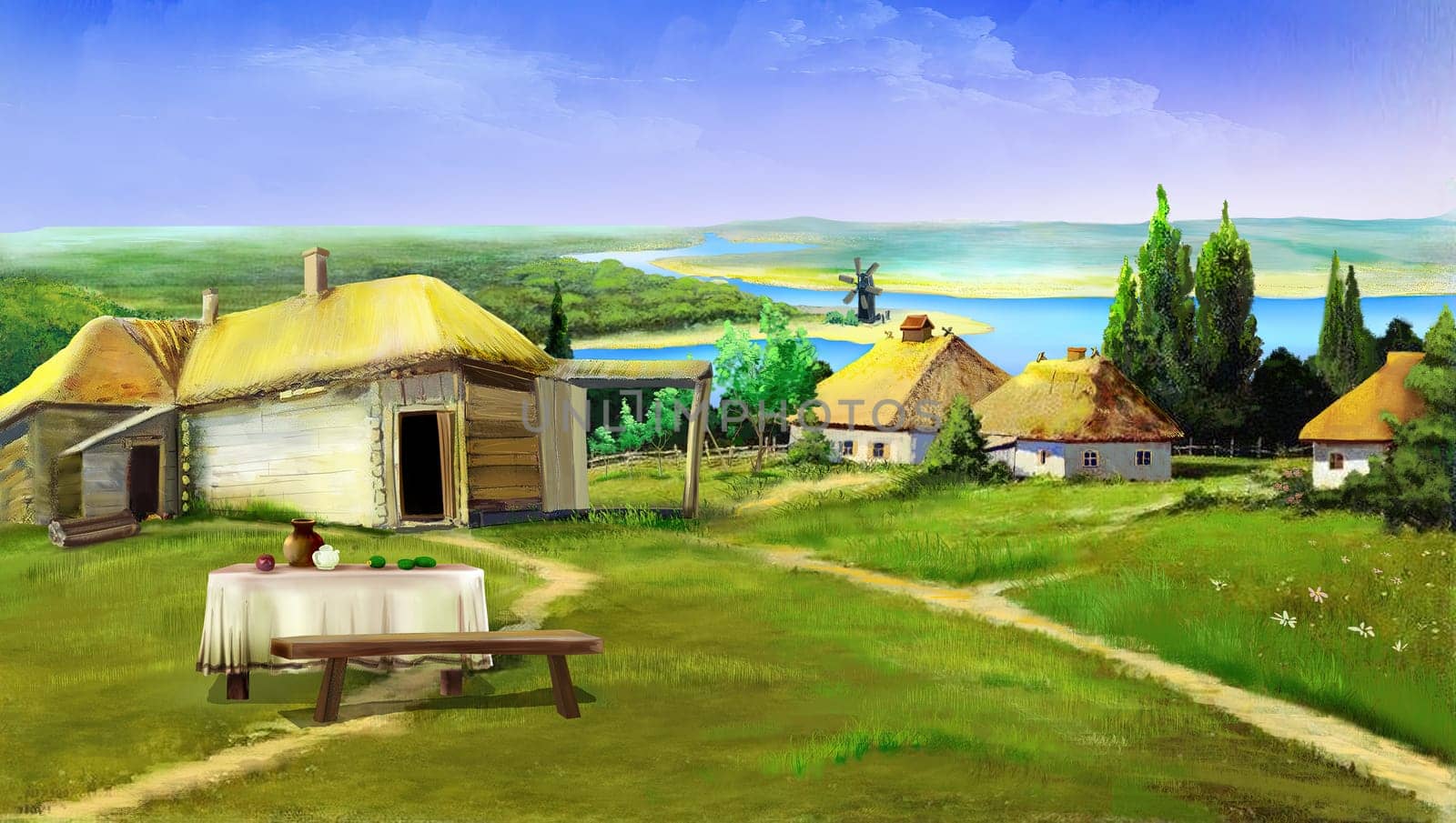 Old Ukrainian village on the river bank illustration by Multipedia