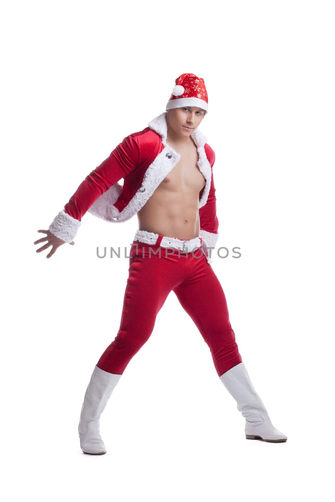 Full length portrait of young and sexy Santa Claus. Isolated on white