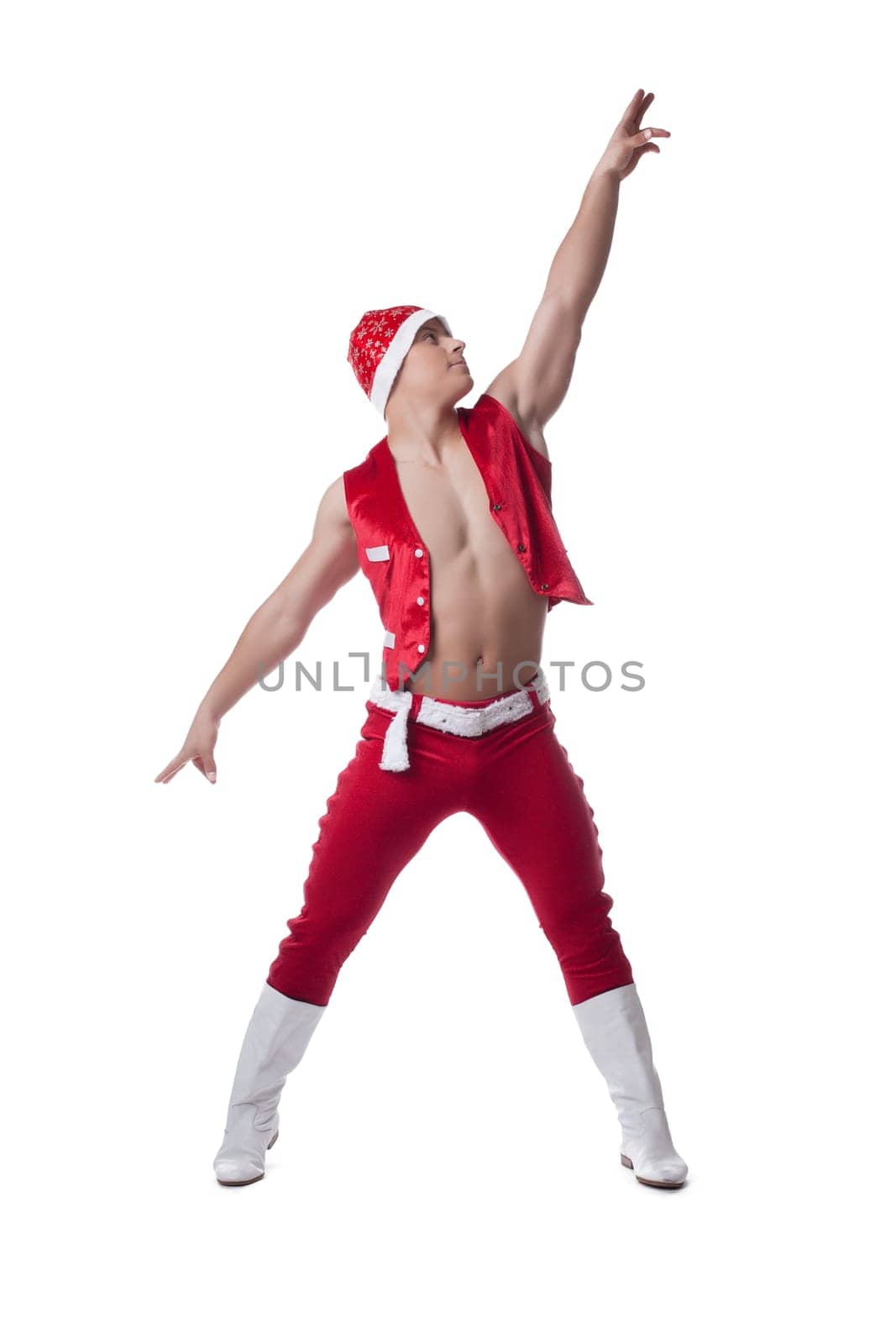 Full length portrait of dancer in red christmas costume. Isolated in white
