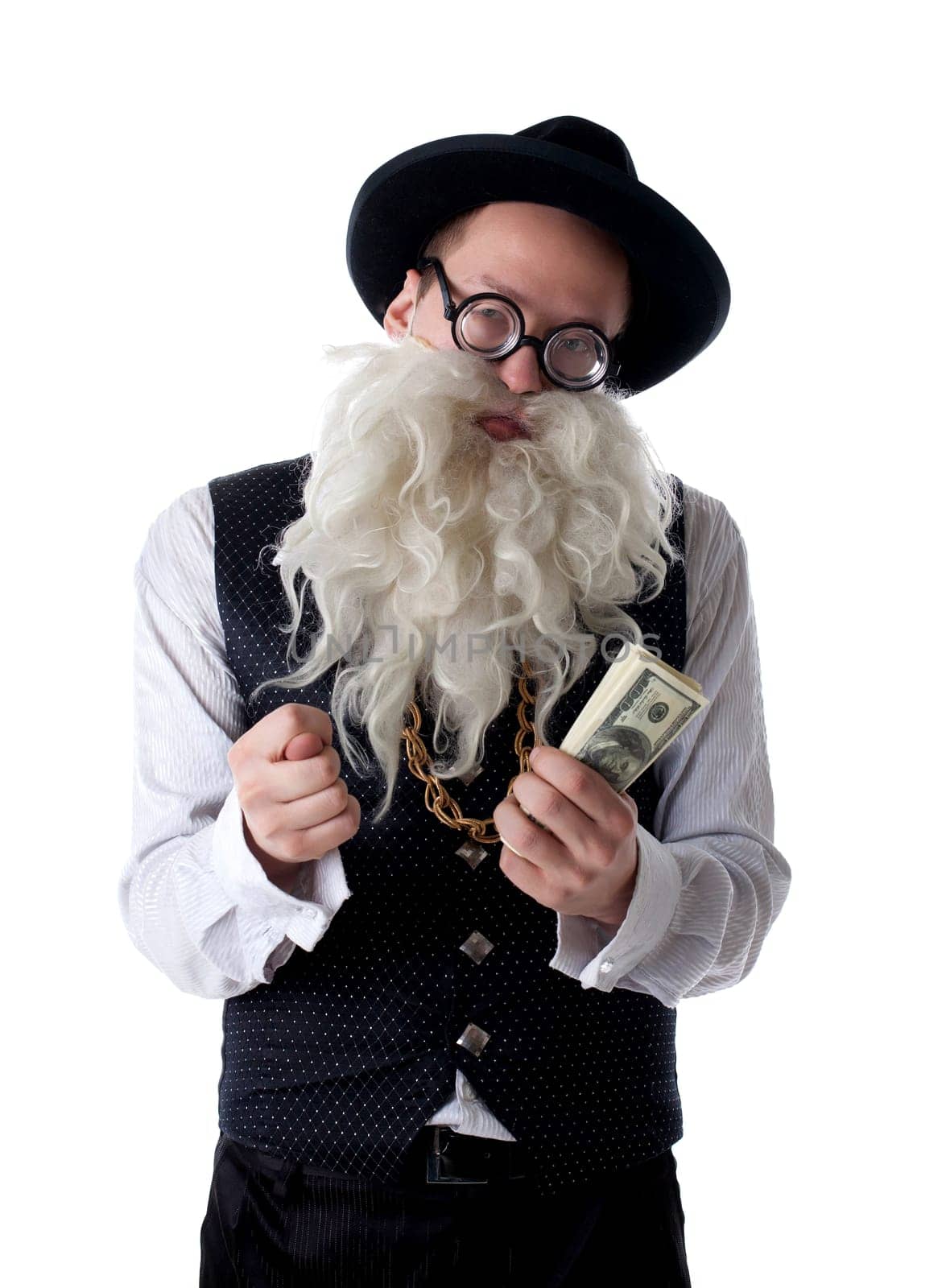 Funny old Jew with banknotes. Isolated on white