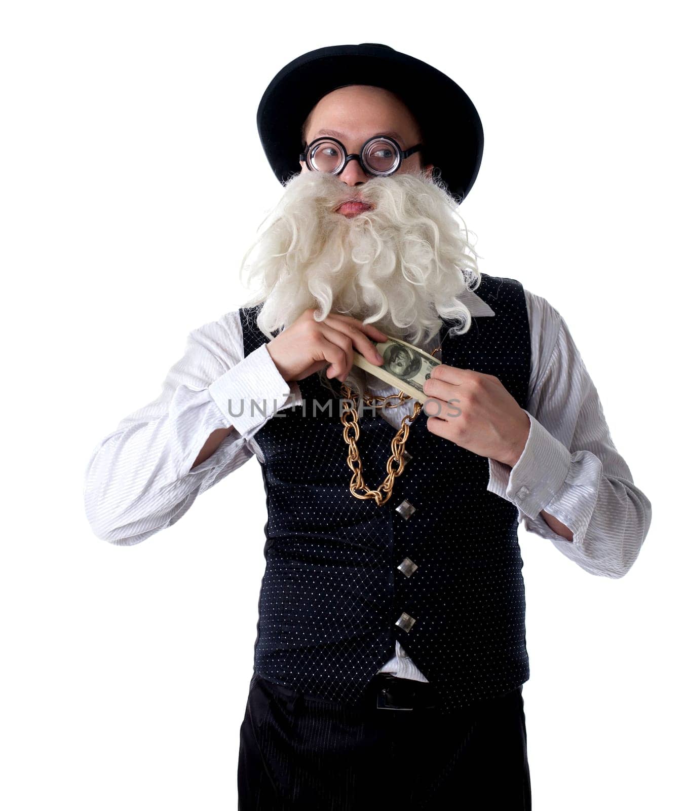 Funny old Jew with banknotes hide in suit. Isolated on white
