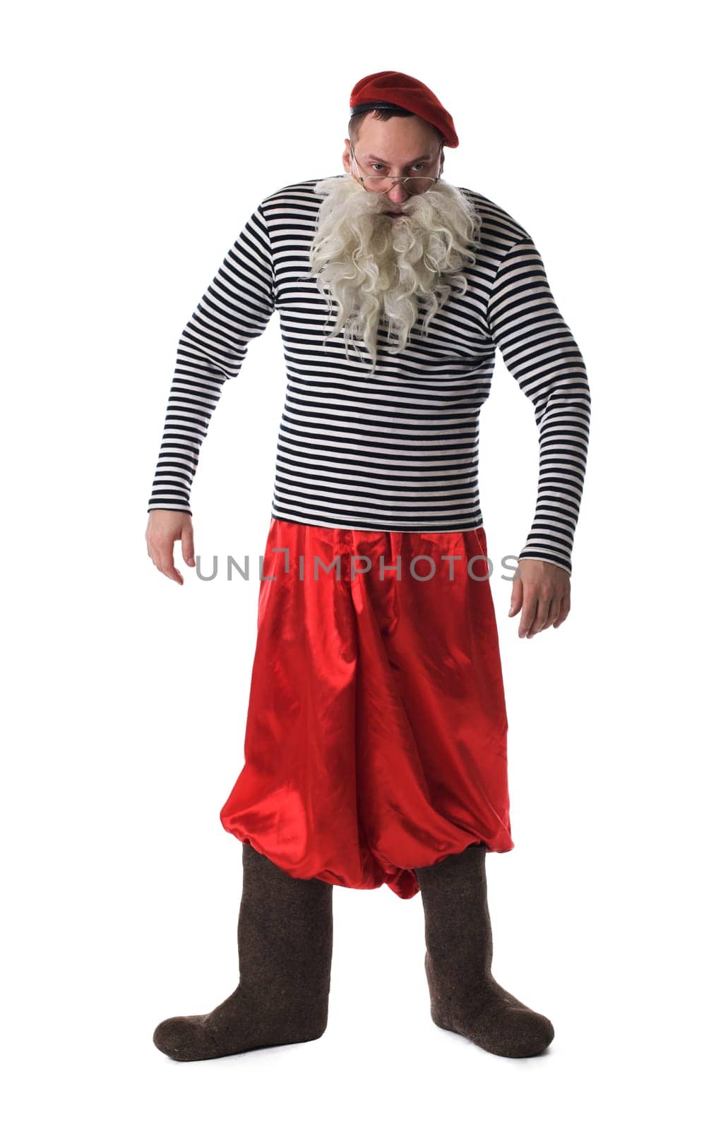 Funny old man with white beard. Isolated on white