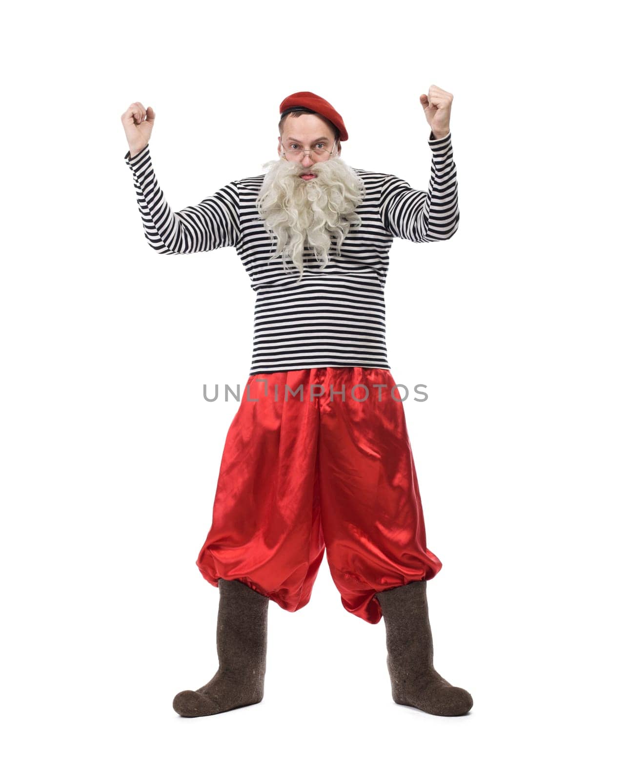Funny old man in red pants. Isolated on white