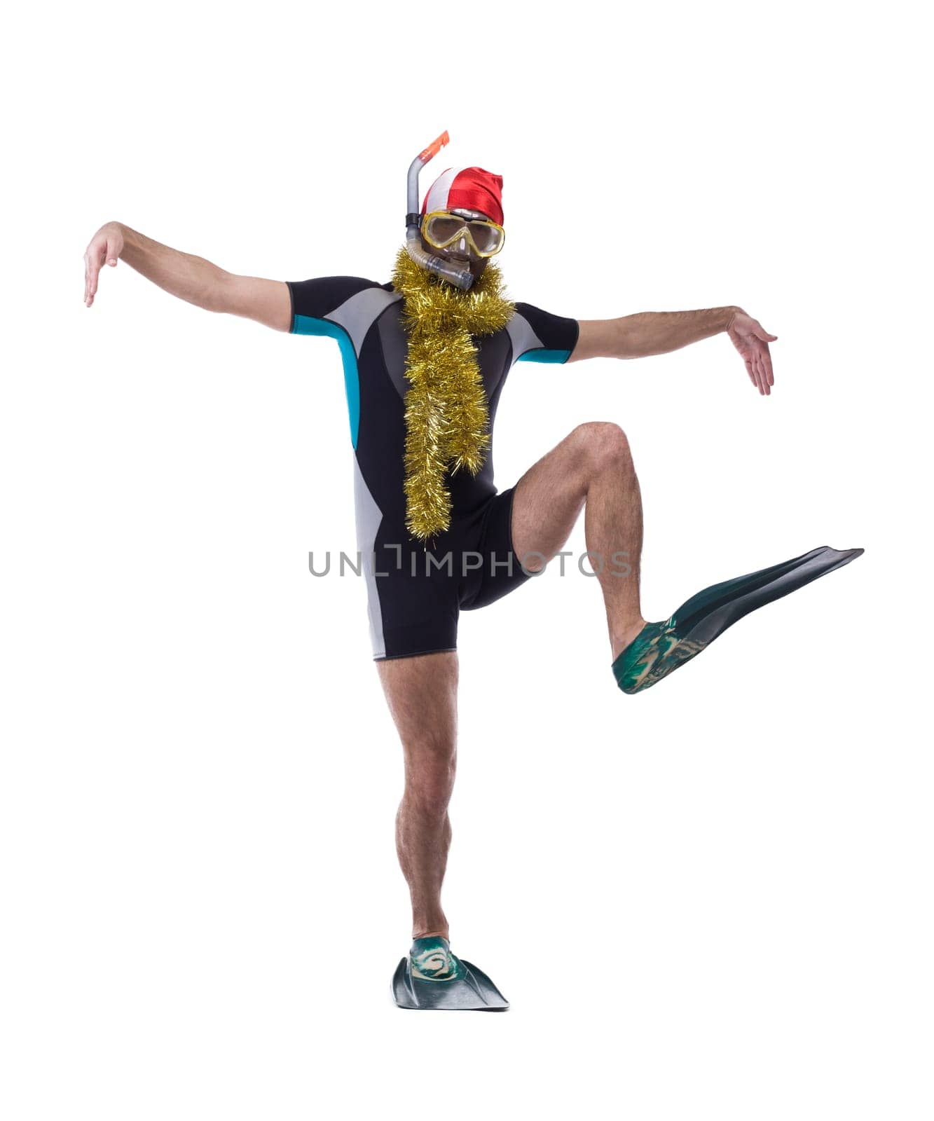 Funny diver in mask and flippers with garland. Isolated on white