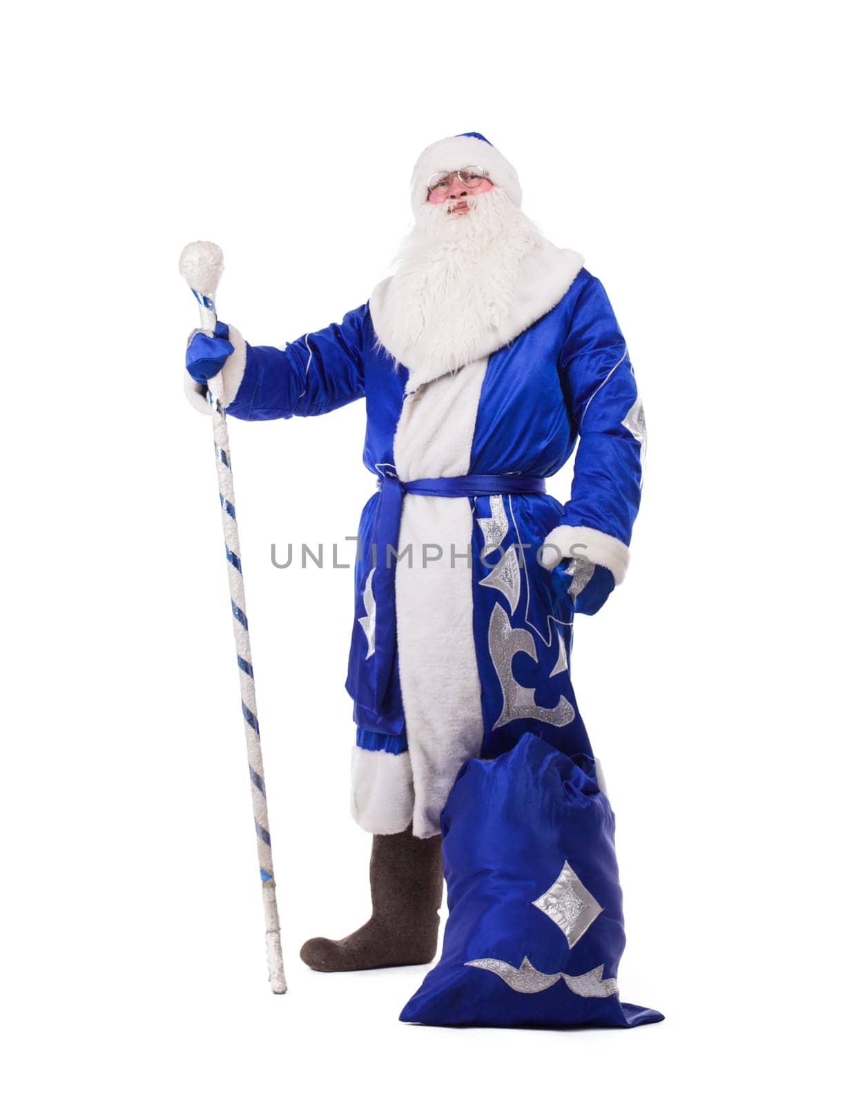 Father Christmas in blue costume. Isolated on white