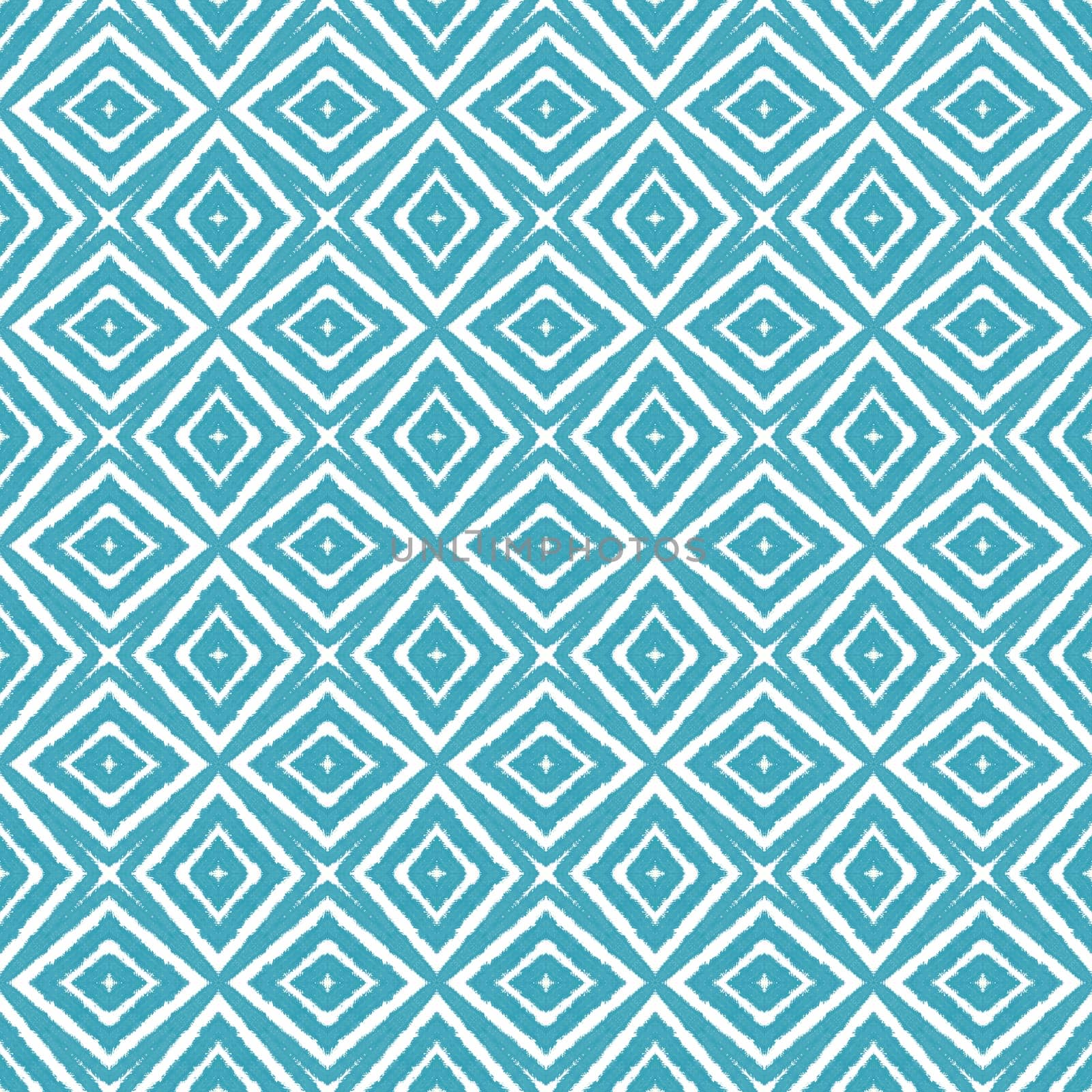 Ikat repeating swimwear design. Turquoise symmetrical kaleidoscope background. Textile ready original print, swimwear fabric, wallpaper, wrapping. Summer ikat sweamwear pattern.
