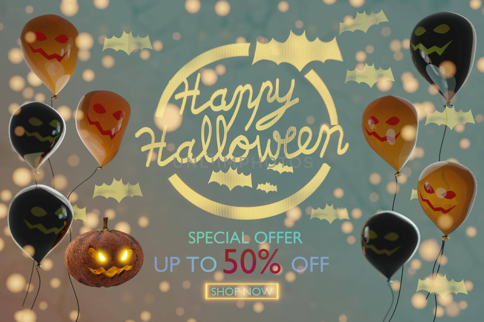 3d illustration. Halloween sale, up to 50% off,  Modern discount banner with pumpkin Jack , bat and balloons