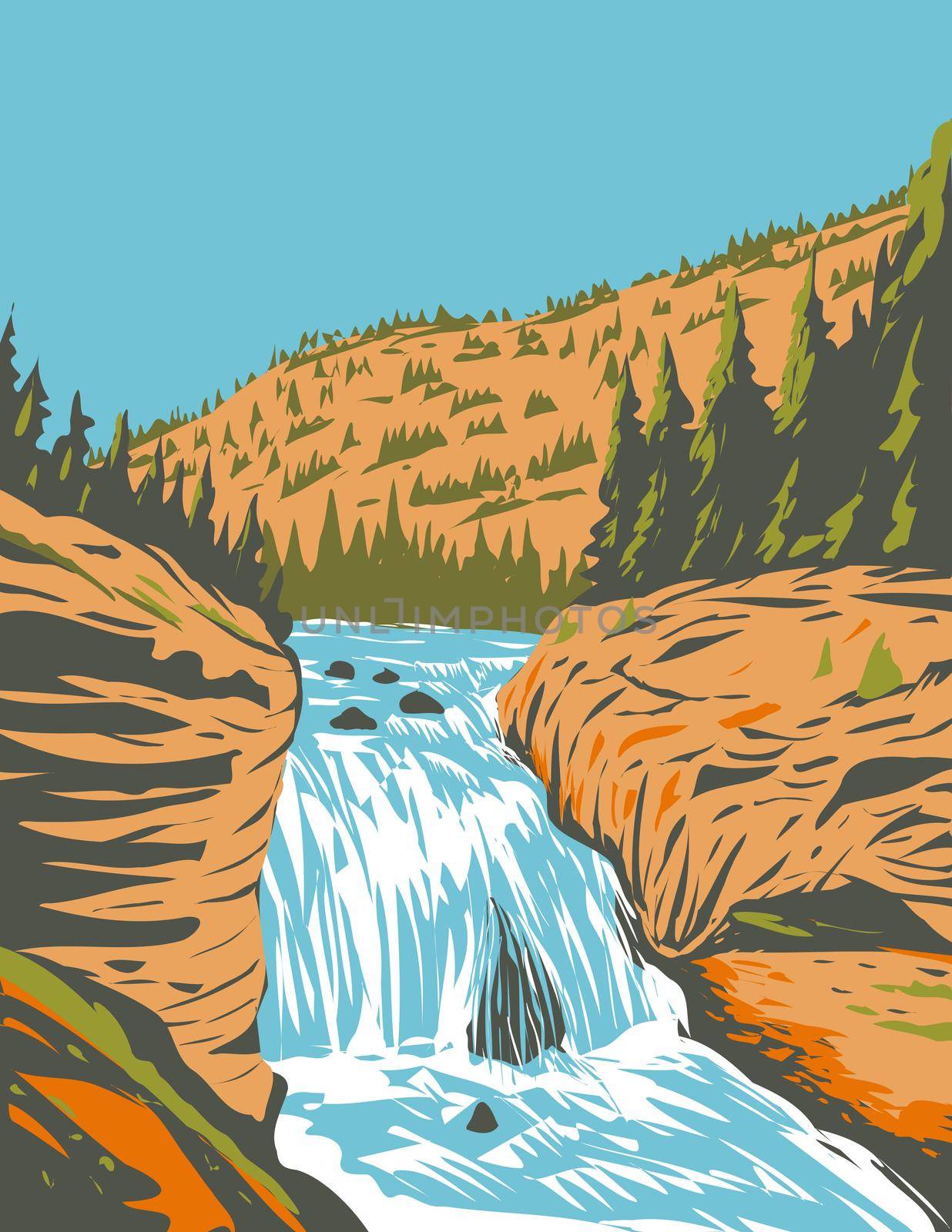 WPA poster art of Firehole Falls on the Firehole River located in southwestern Yellowstone National Park, Wyoming United States done in works project administration style or federal art project style.