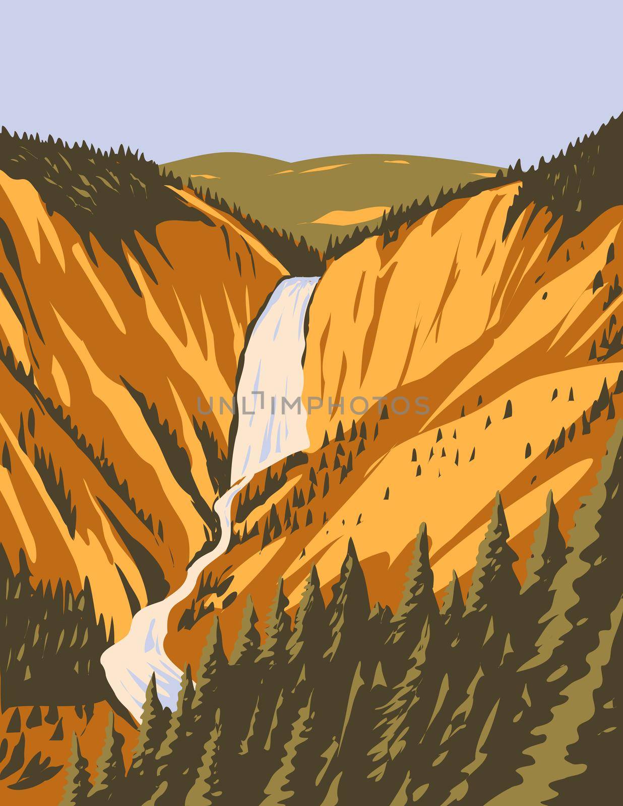 WPA poster art of Lower Yellowstone Falls, the largest volume waterfall in the Rocky Mountains within Yellowstone National Park, Wyoming USA done in works project administration style.