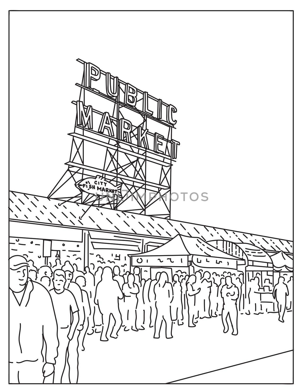 Pike Place Market a Public Market in Seattle, Washington United States Mono Line or Monoline Black and White Line Art by patrimonio