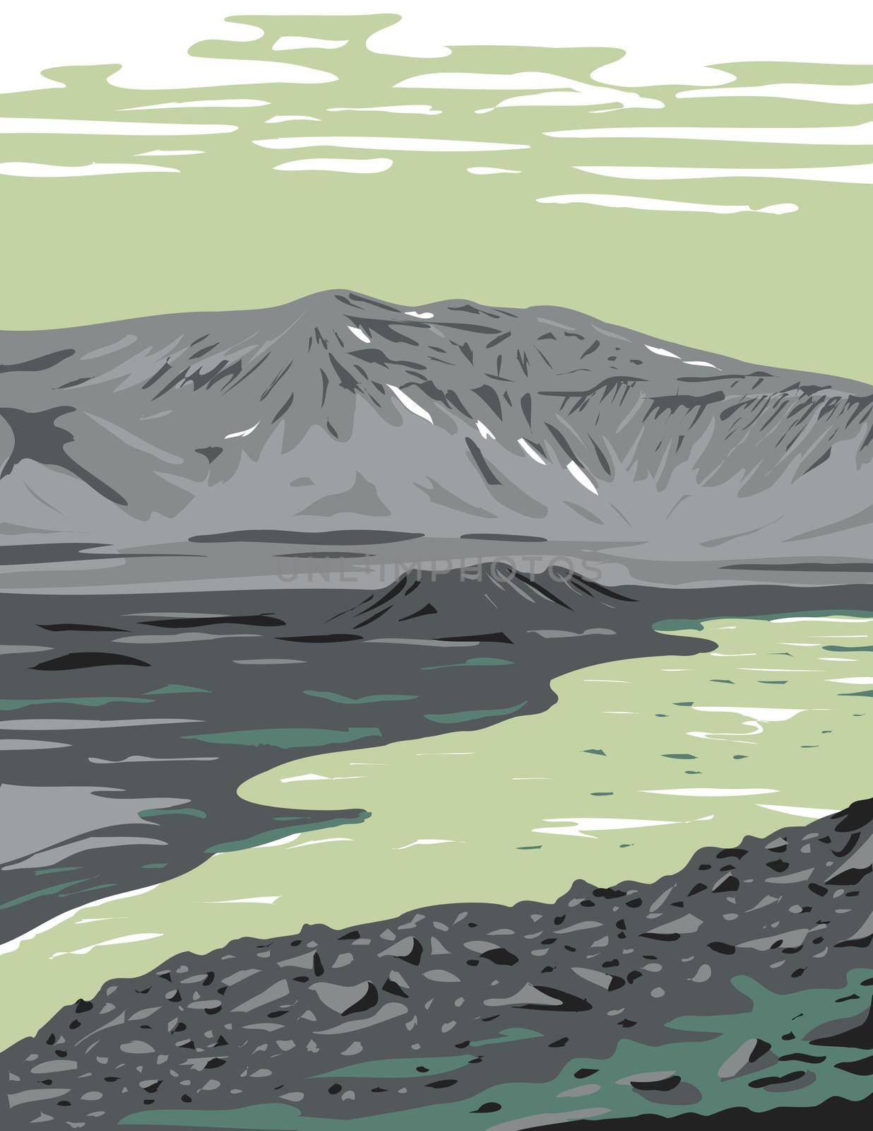 WPA poster art of a caldera in remote wilderness of the Alaska Peninsula in Aniakchak National Monument and Preserve USA done in works project administration style or federal art project style.
