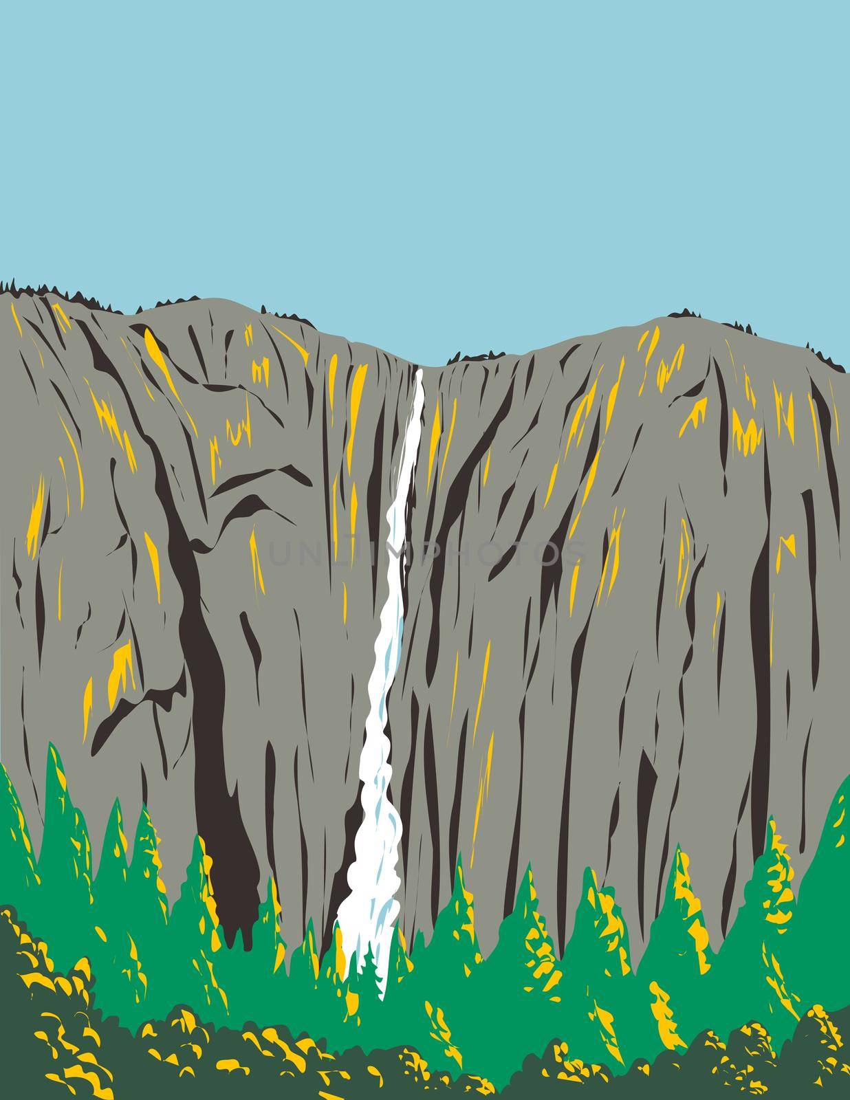 Ribbon Falls Flowing Off a Cliff on the West Side of El Capitan Within Yosemite National Park California USA WPA Poster Art by patrimonio
