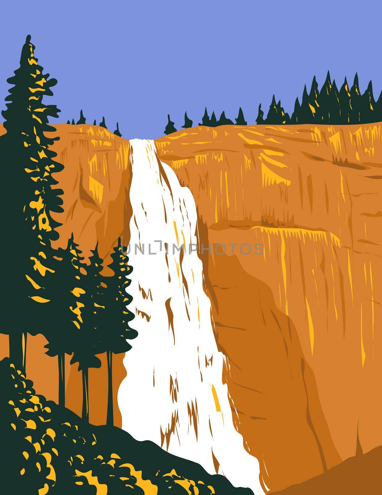 WPA poster art of Nevada Falls on the Merced River below granite dome Liberty Cap west of Little Yosemite Valley in Yosemite National Park, California USA done in works project administration style. 
