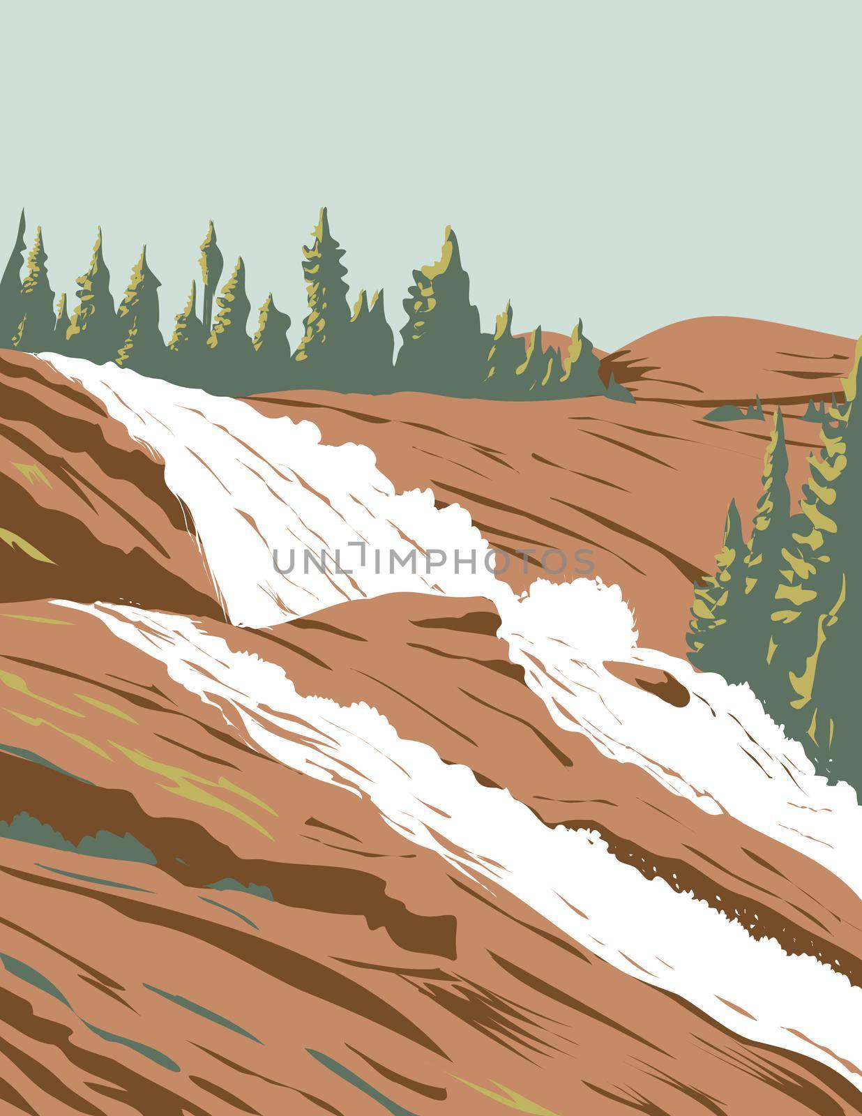 Waterwheel Falls on Tuolumne River in Sierra Nevada Within Yosemite National Park California USA WPA Poster Art by patrimonio