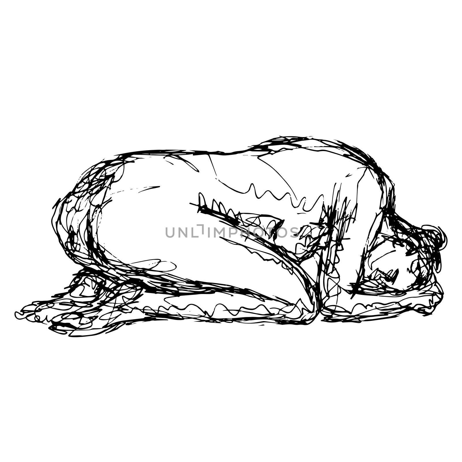 Doodle art illustration of a nude female human figure posing in prone position done in continuous line drawing style in black and white on isolated background.