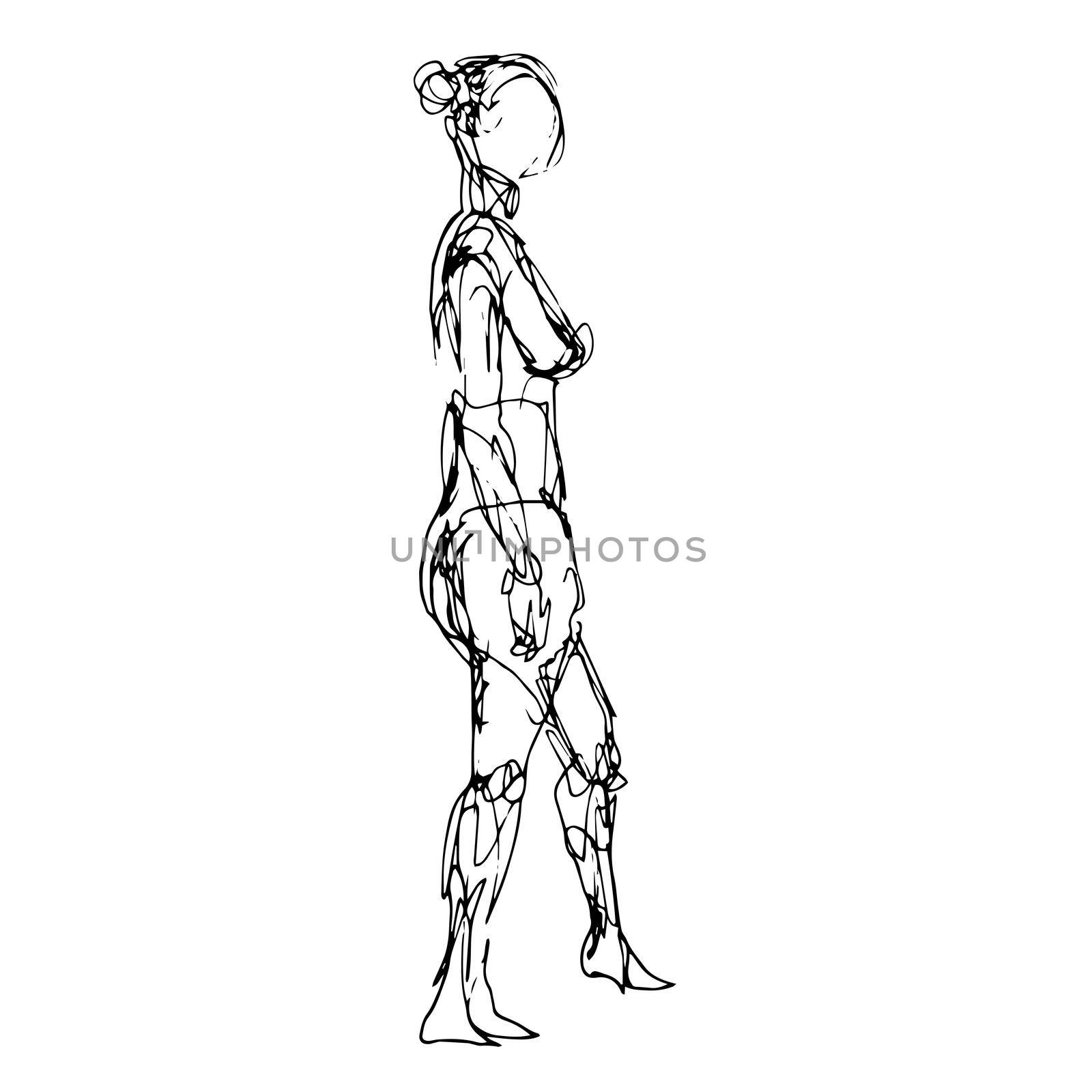 Doodle art illustration of a nude female human figure model posing standing done in continuous line drawing style in black and white on isolated background.