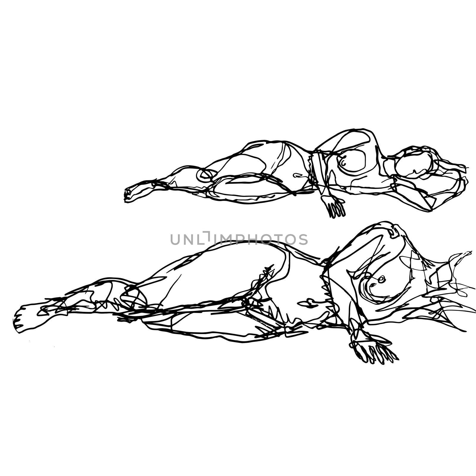 Doodle art illustration of a nude female human figure model posing, reclining, supine pose or lying down done in continuous line drawing style in black and white on isolated background.