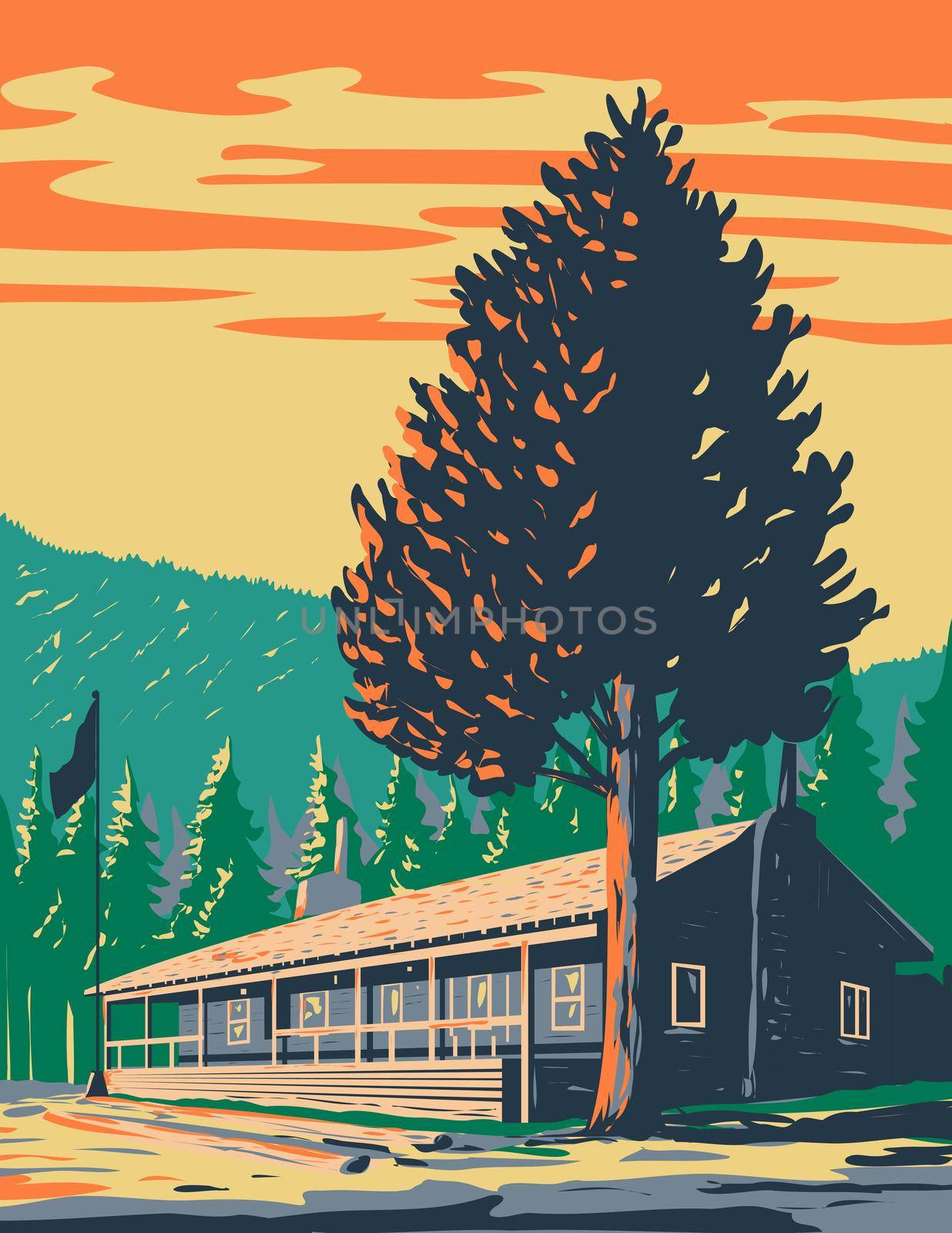 Roosevelt Lodge Cabins Located in the Tower-Roosevelt Area Within Yellowstone National Park Teton County Wyoming USA WPA Poster Art by patrimonio
