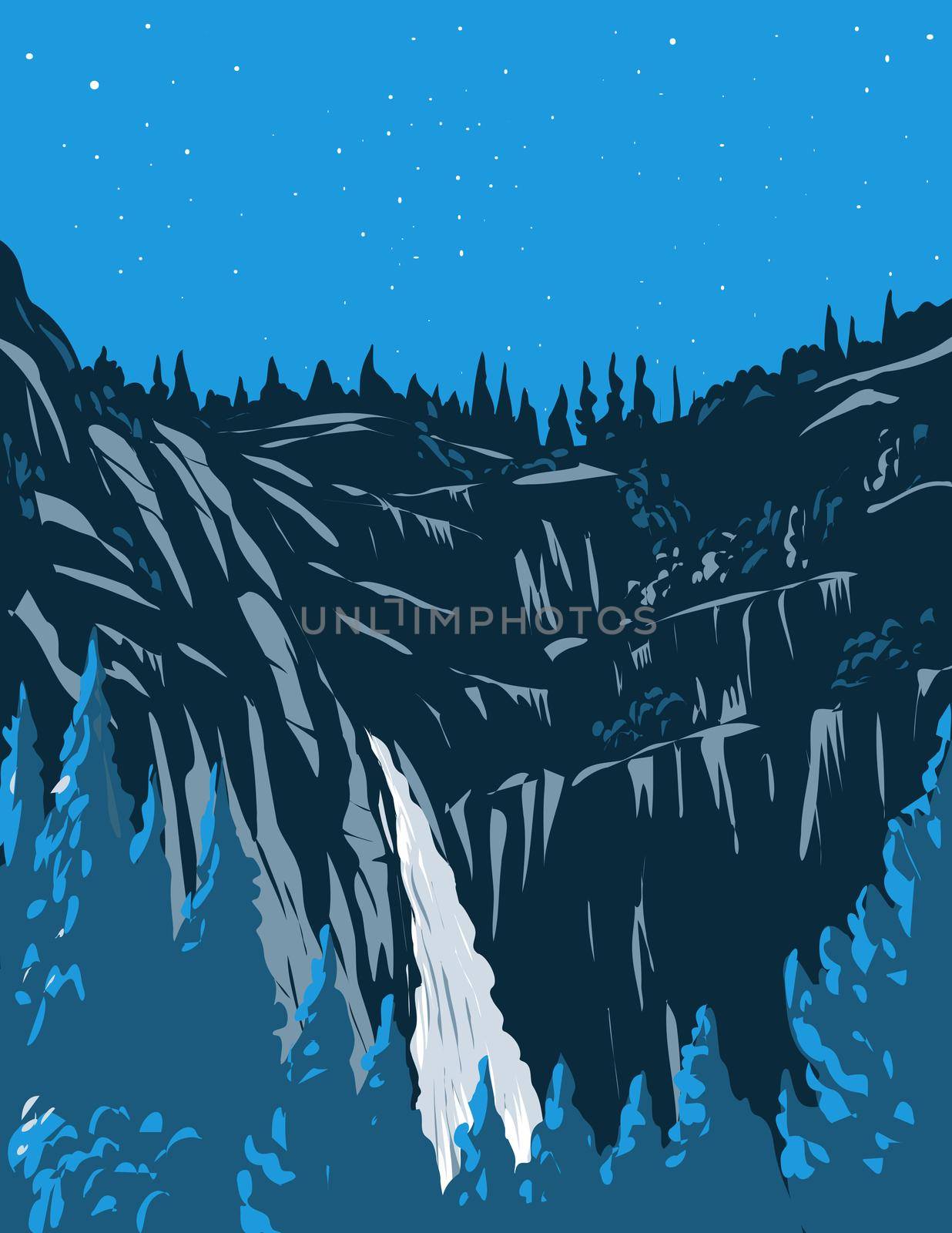 Nighttime at Cascade Falls or the Cascades with Rugged Merced River Canyon in Sierra Nevada Within Yosemite National Park California USA WPA Poster Art by patrimonio