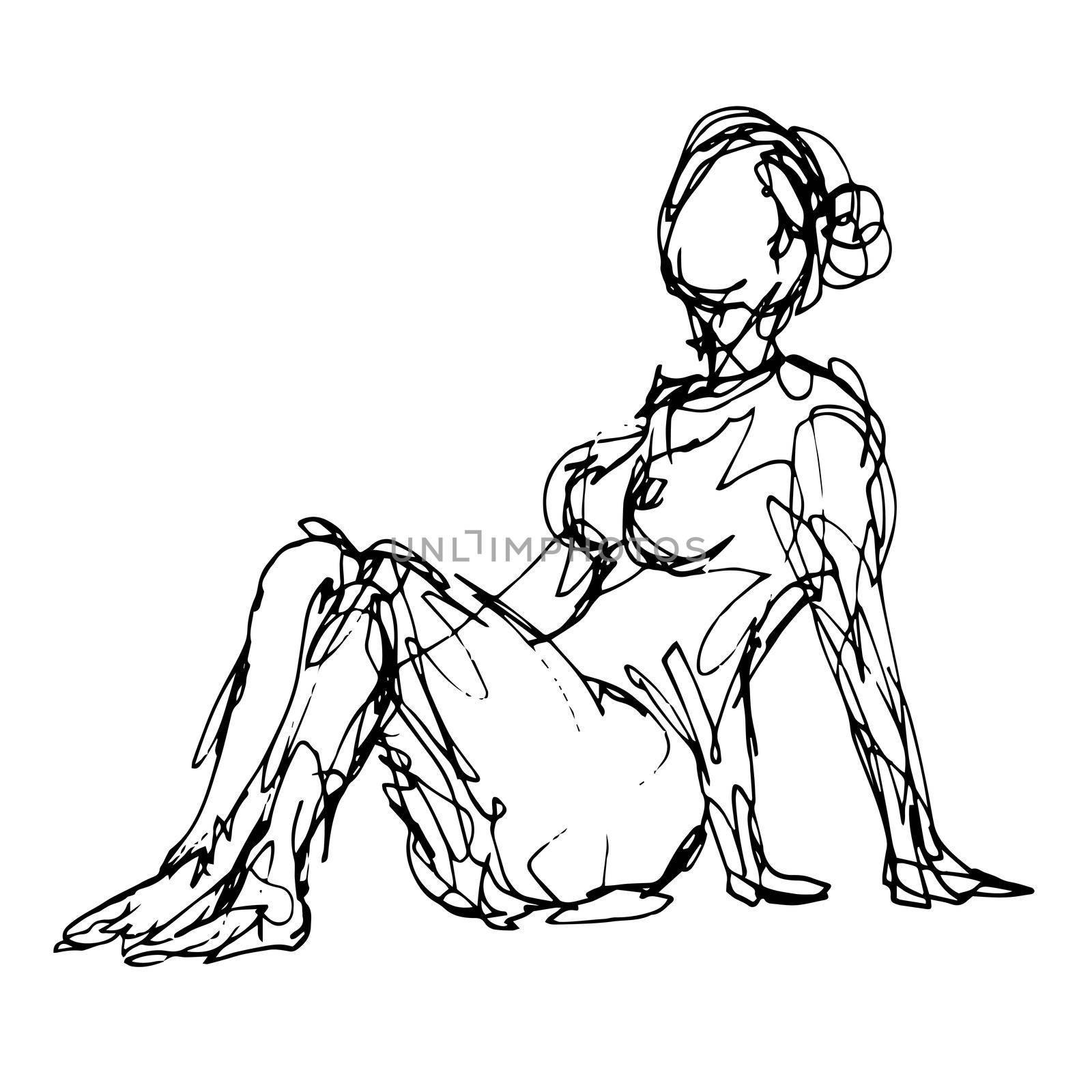 Doodle art illustration of a nude female human figure model posing seated or sitting down done in continuous line drawing style in black and white on isolated background.