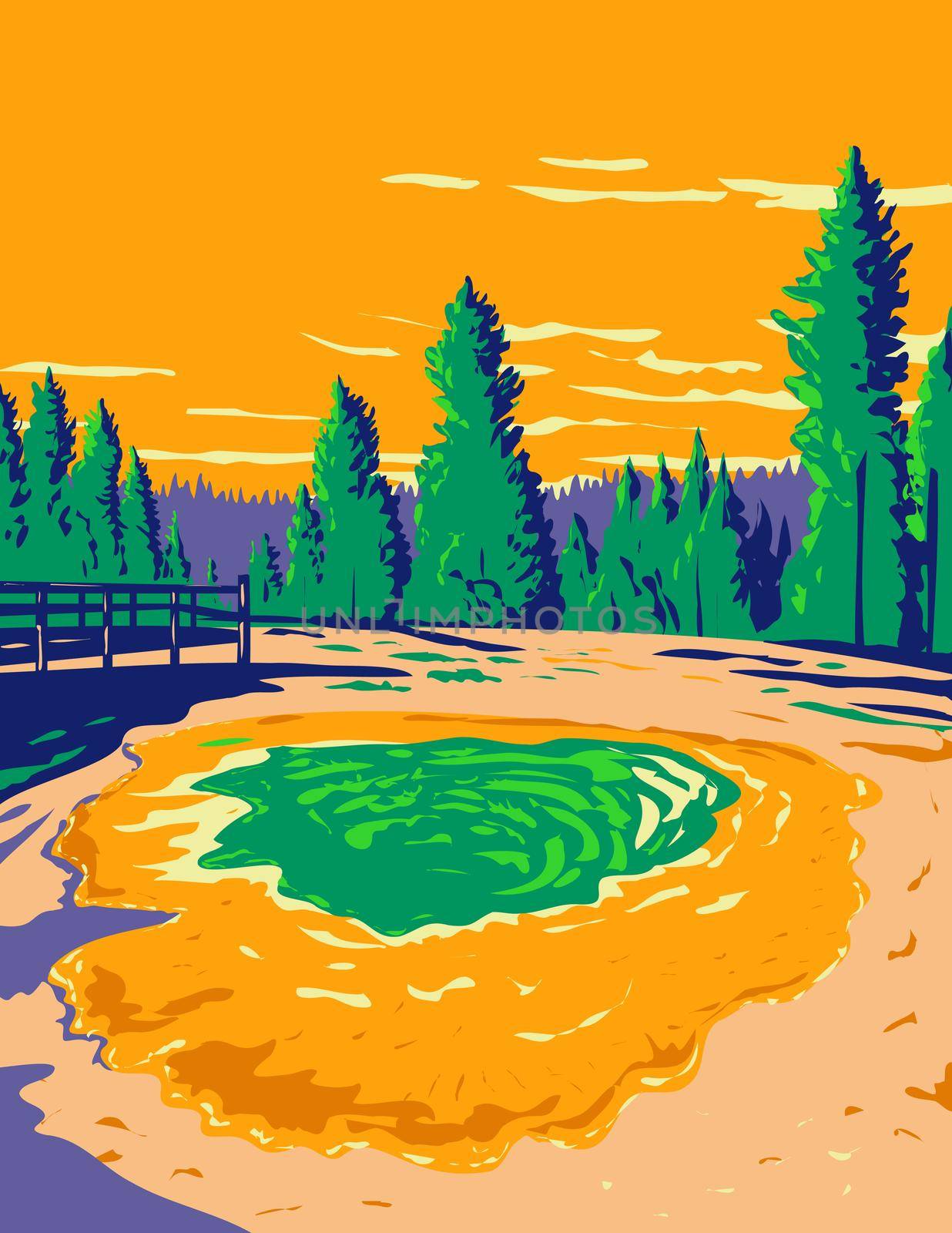 WPA poster art of Morning Glory Pool a hot spring in the Yellowstone Upper Geyser Basin located in Yellowstone National Park, Teton County, Wyoming USA done in works project administration style.