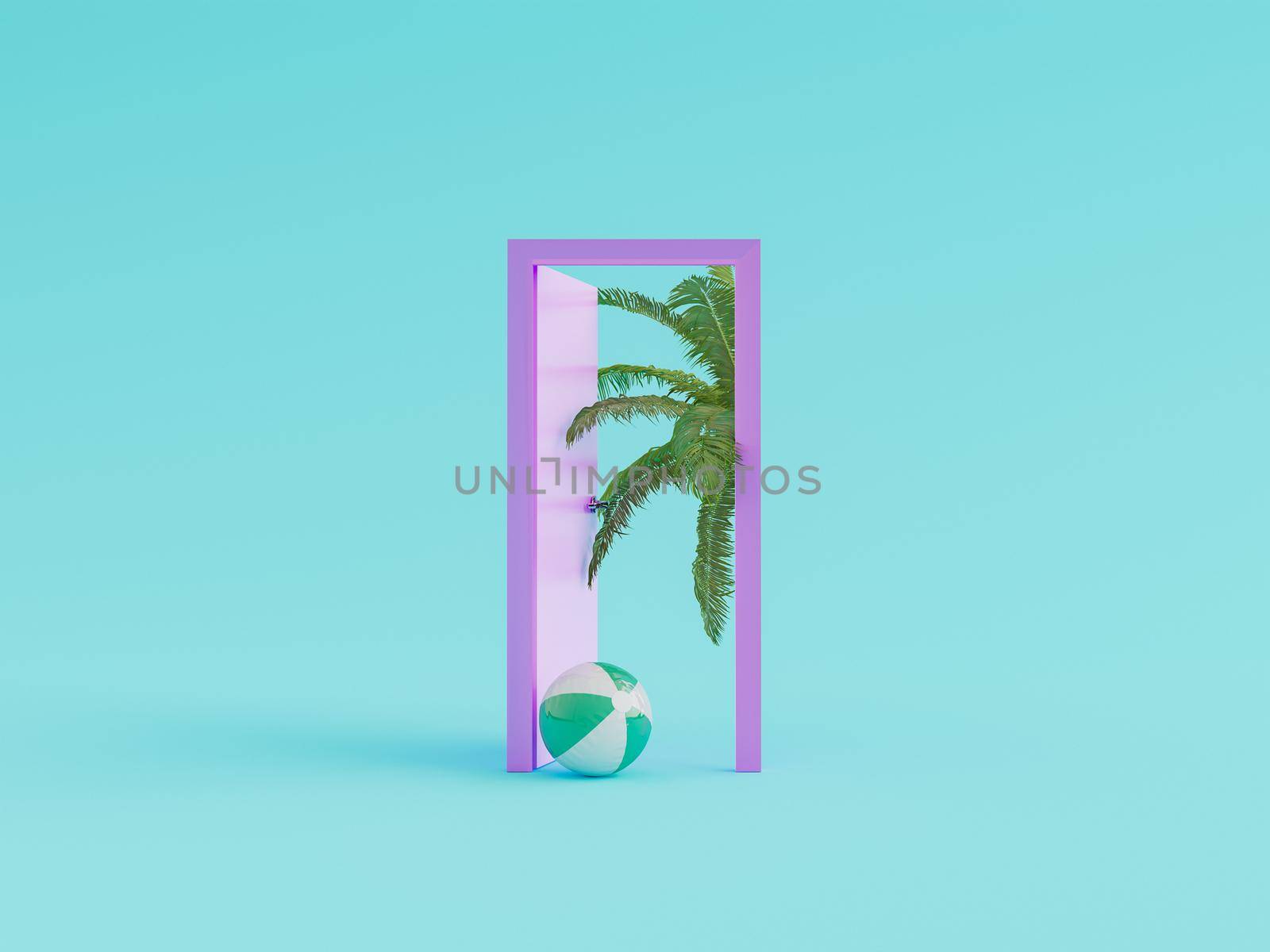 Minimalist door with beach ball and palm tree peeking out in summer vacation concept. 3d rendering