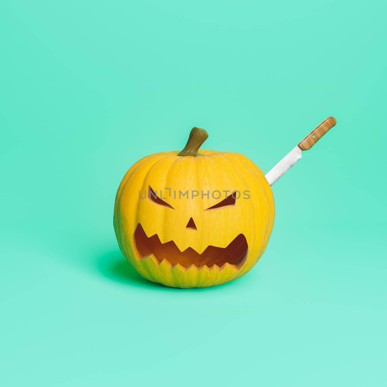 halloween pumpkin with a knife stuck in it to carve its face. halloween concept and crafts. 3d rendering