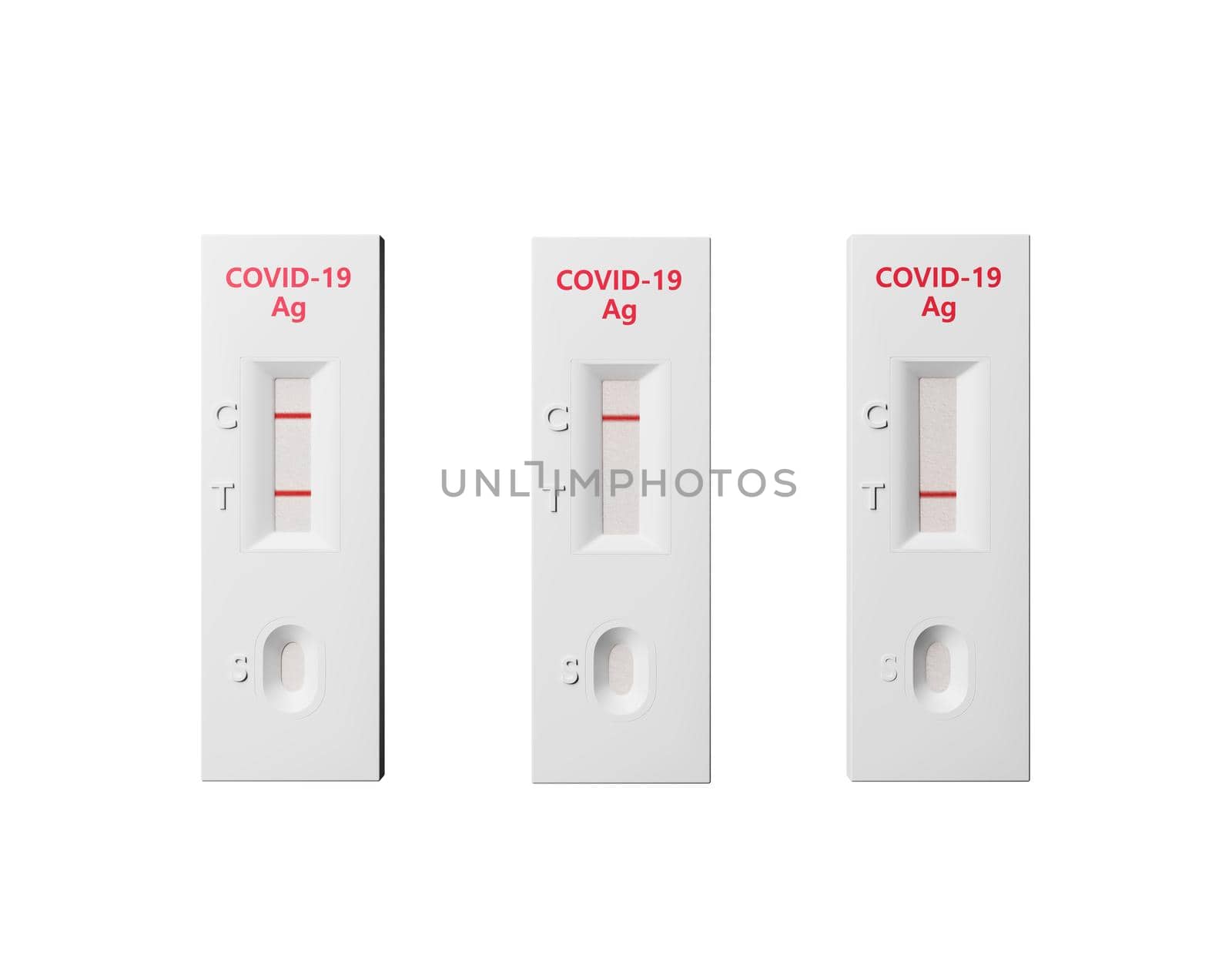 rapid antigen test for COVID-19 isolated on white background. Positive, negative and invalid. 3d rendering