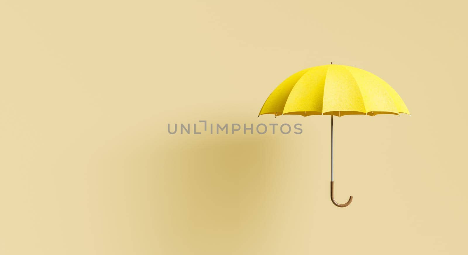 yellow umbrella on beige background with shadow and space for text. minimal autumn and winter concept. 3d rendering