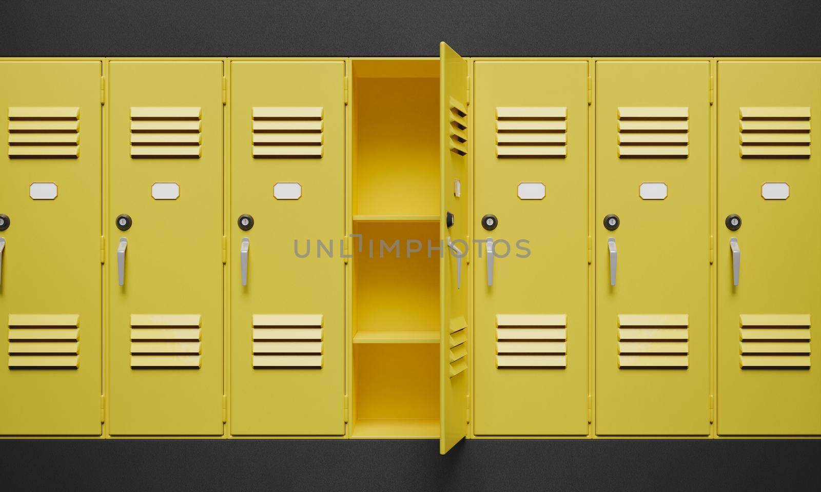 yellow lockers on dark wall with one of them open. concept of school, gym, security and storage. 3d rendering