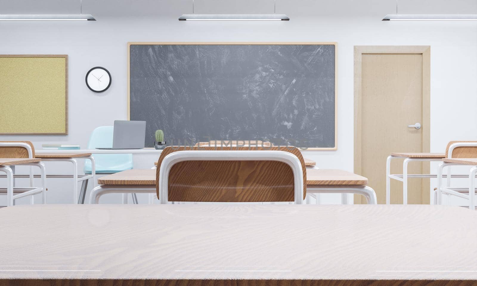 table top in a school classroom with blackboard in the background. concept of education and back to school. 3d rendering