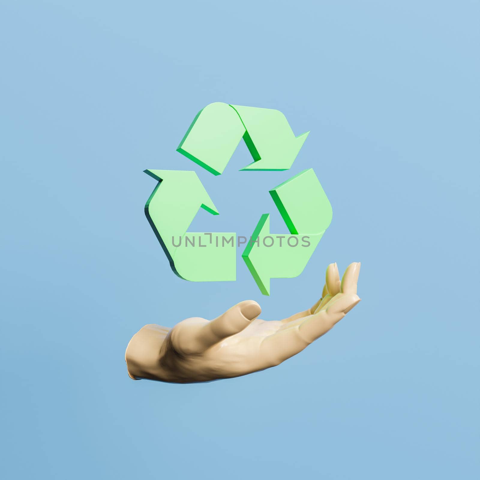 hand with recycling symbol on top in concept of environment, climate change and conservation. 3d rendering