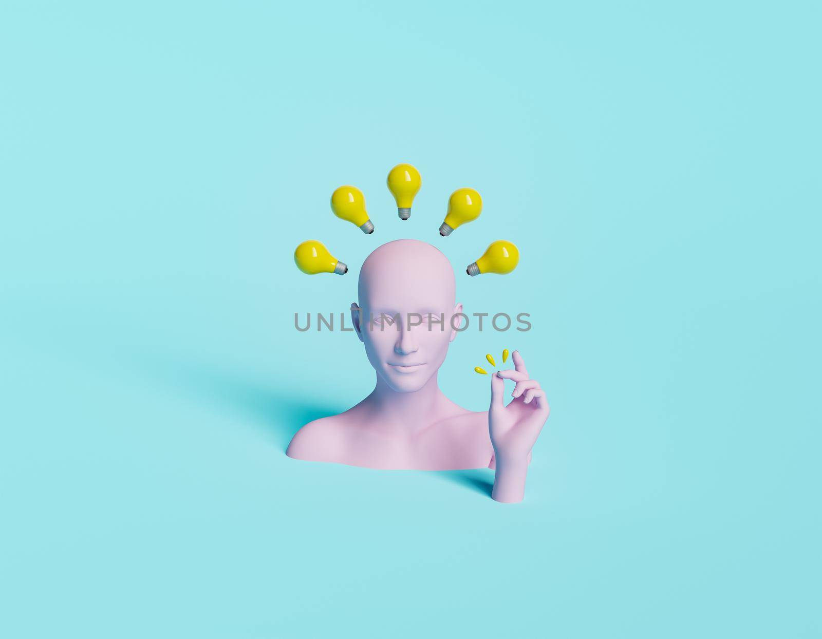 female bust with light bulbs floating above her head and snapping her fingers. minimalistic concept of a great idea and success. 3d rendering