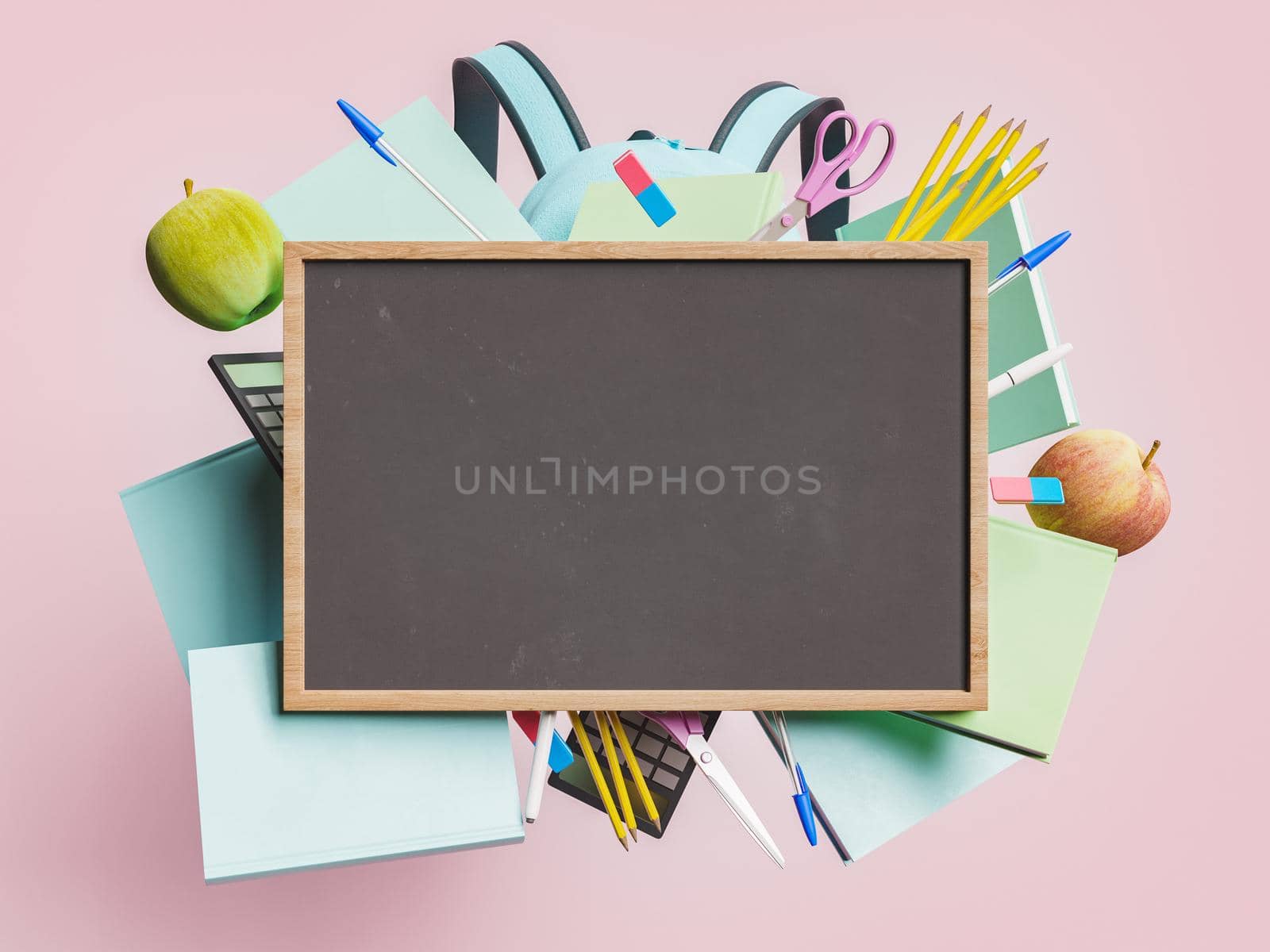 Empty blackboard with wooden frame and school supplies floating behind in concept of back to school, education and learning. 3d rendering