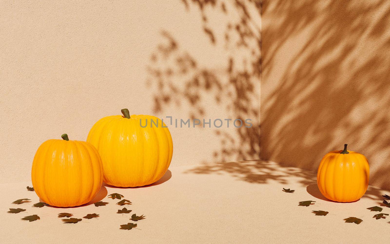 corner with tree shade and pumpkins for product display. autumn scene. 3d rendering